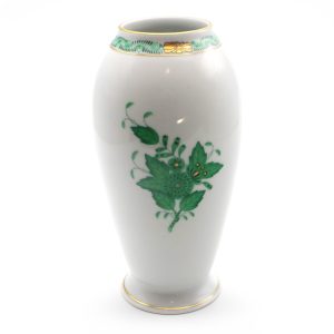 Herend Chinesisches Bouquet Grün Porzellan Vase, Handbemaltes Apponyi-Muster, Goldrand Porzellan