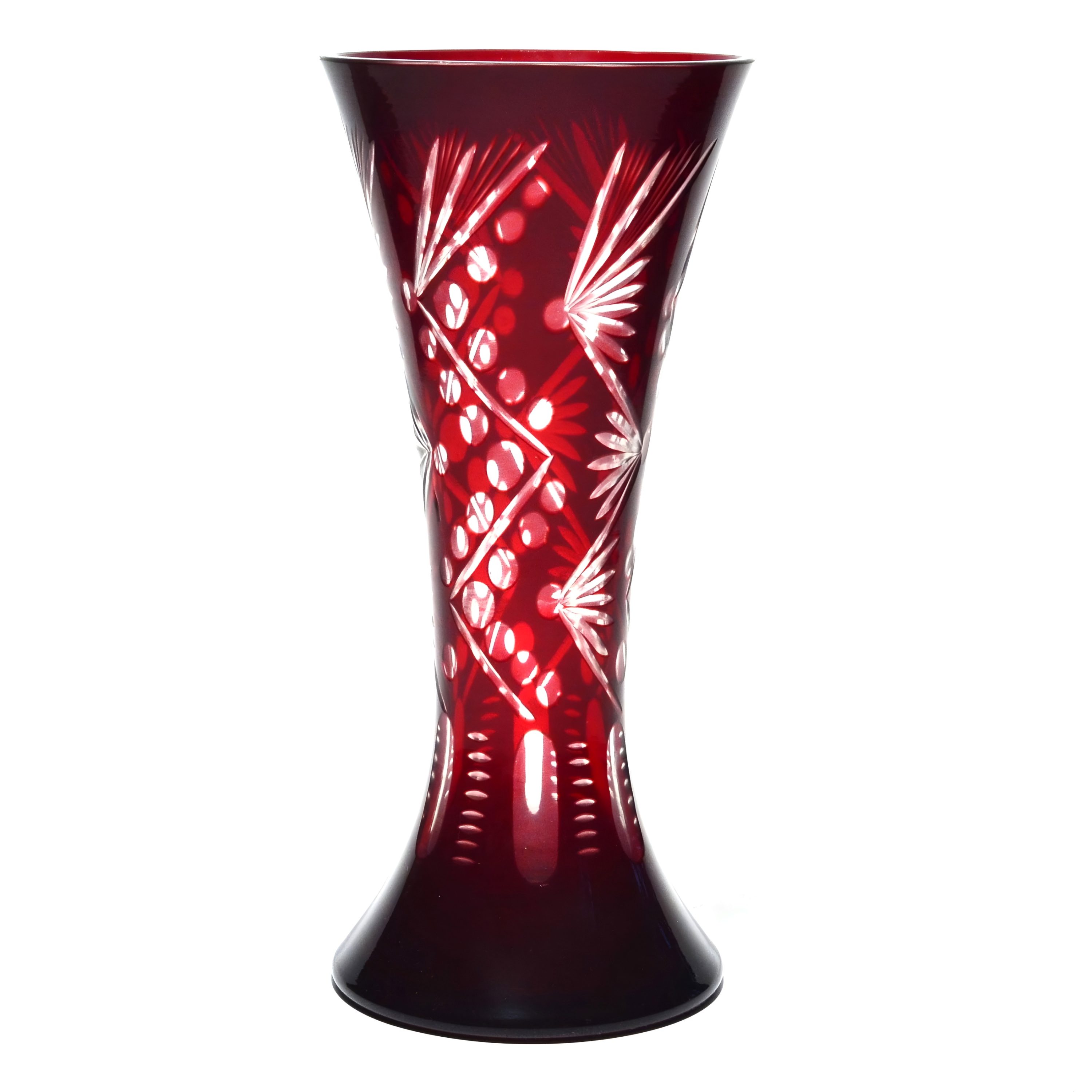 Böhmische Rote Schnittglas-Kristallvase - Handgefertigtes Vintage-Dekorationsstück - Eleganter Strahlen-Mittelpunkt