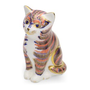 Katzenfigur, Royal Crown Derby Sitzende Gestreifte Katze, Porzellan Briefbeschwerer, Limitierte Edition Sammlerobjekt Dekoration, Vintage Keramik Skulptur