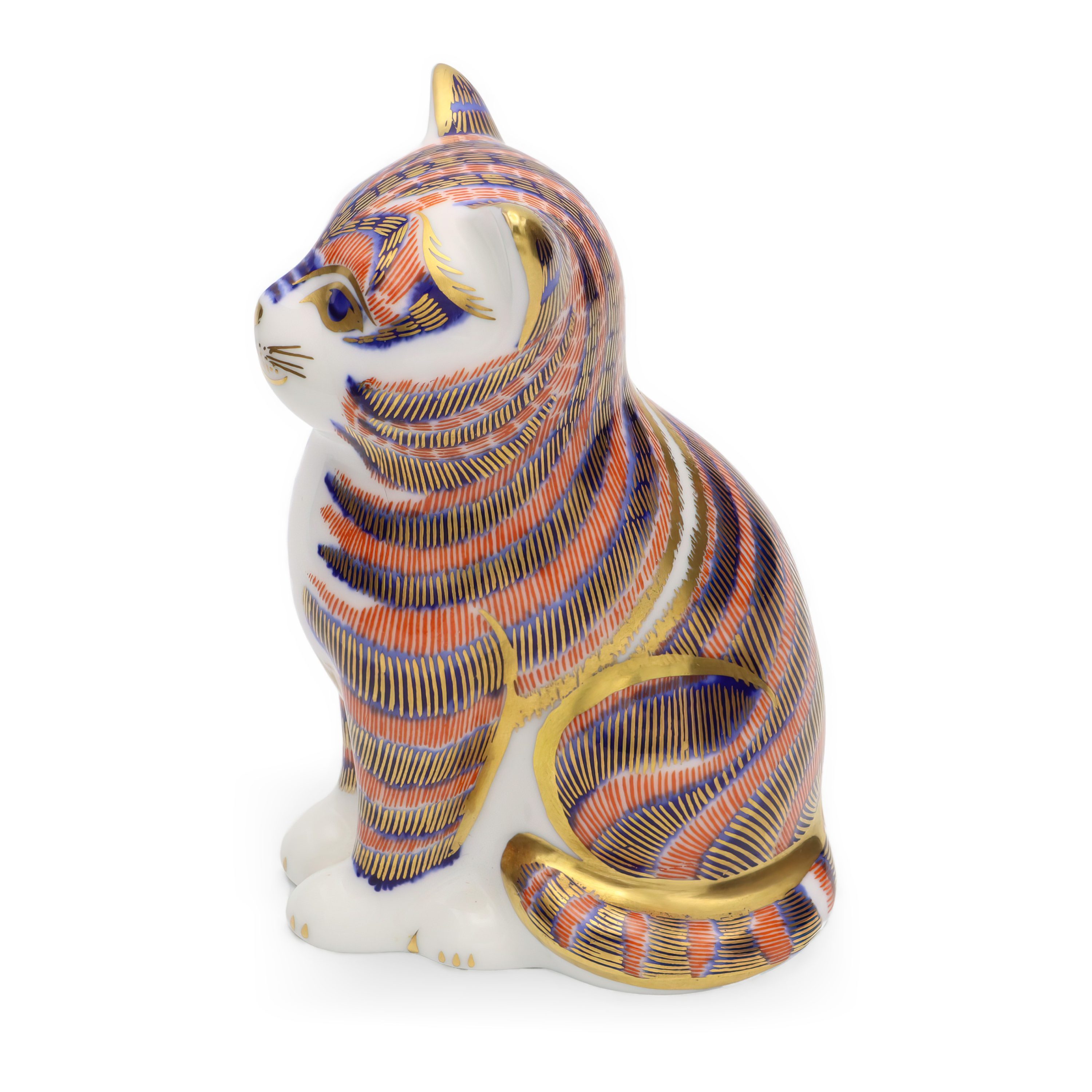 Katzenfigur, Royal Crown Derby Sitzende Gestreifte Katze, Porzellan Briefbeschwerer, Limitierte Edition Sammlerobjekt Dekoration, Vintage Keramik Skulptur