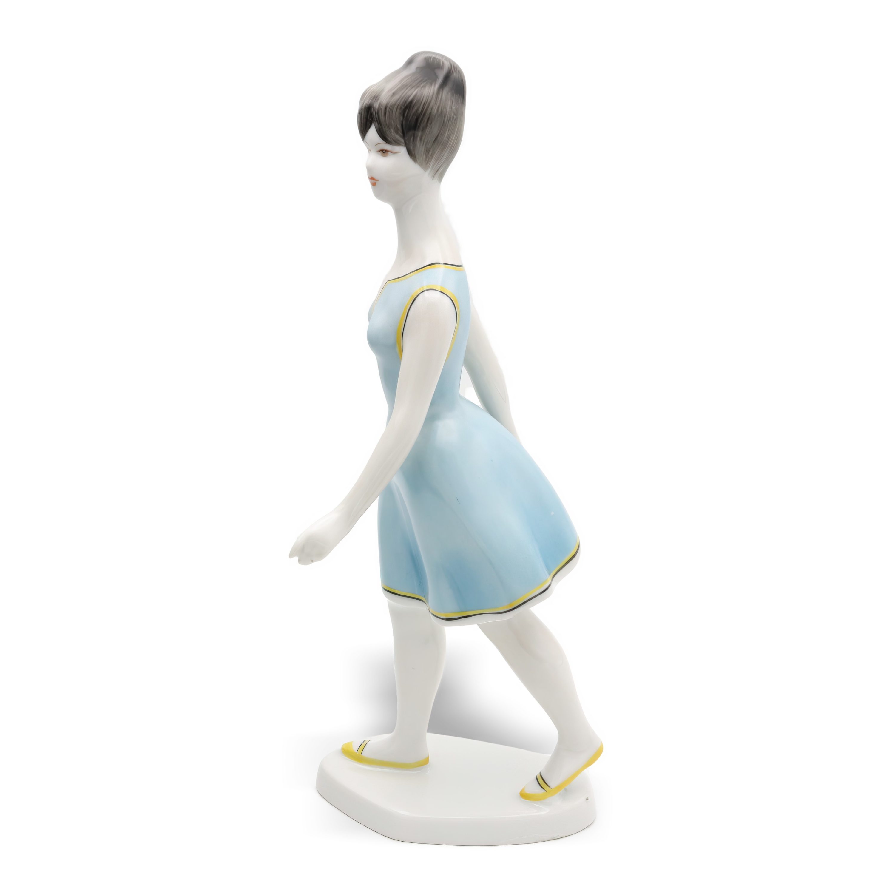 Holloháza Porzellanfigur Frau Im Blauen Kleid Mit Blumendetails Und Eleganter Pose, Vintage-Keramik-Sammelskulptur