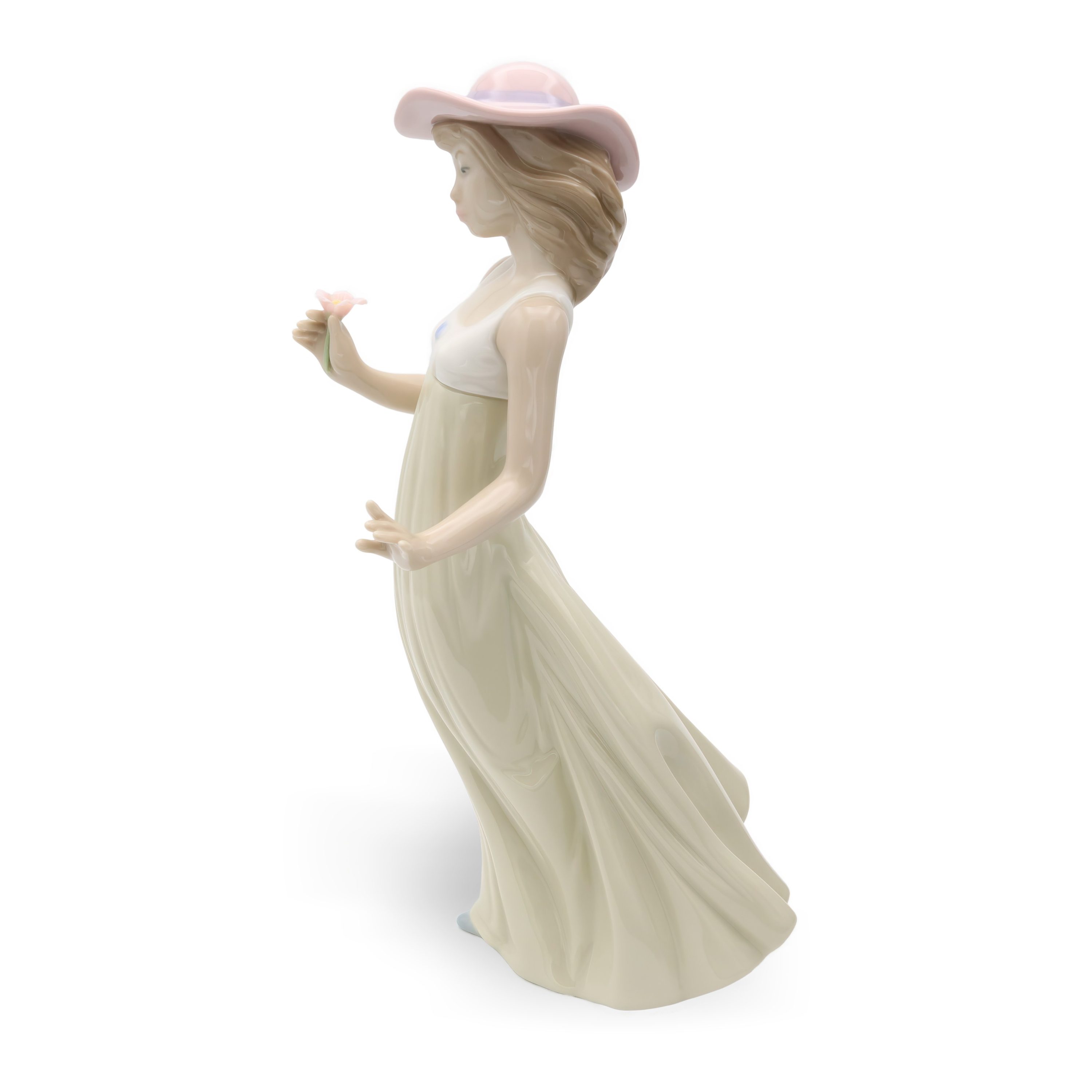 Lladro Figur, Vintage NAO Porzellan Junge Frau Pinkfarbener Hut, Grünes Kleid Mit Blume In Der Hand, Langes Sommerkleid, Sammelobjekt, Spanische Handgefertigte Skulptur