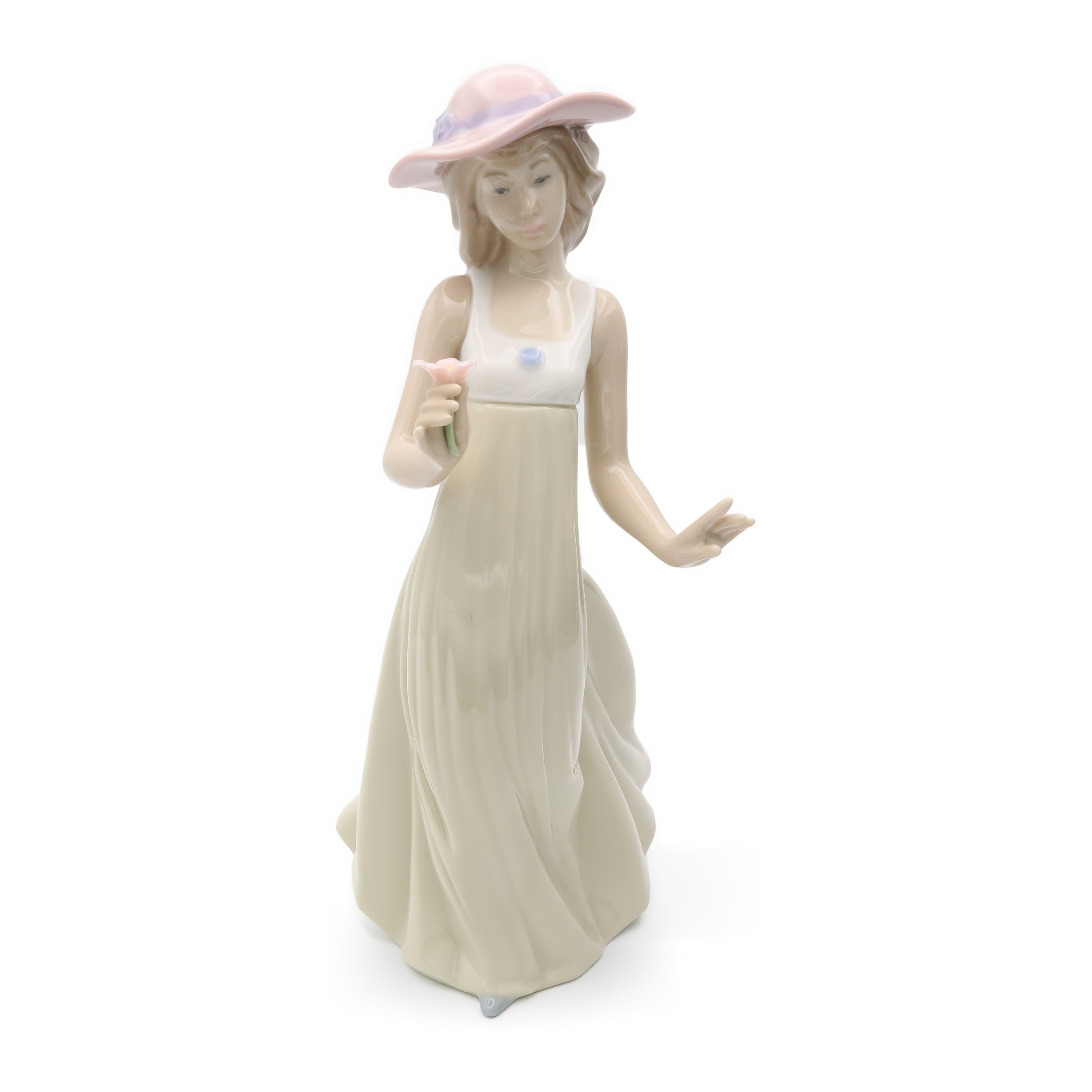 Lladro Figur, Vintage NAO Porzellan Junge Frau Pinkfarbener Hut, Grünes Kleid Mit Blume In Der Hand, Langes Sommerkleid, Sammelobjekt, Spanische Handgefertigte Skulptur