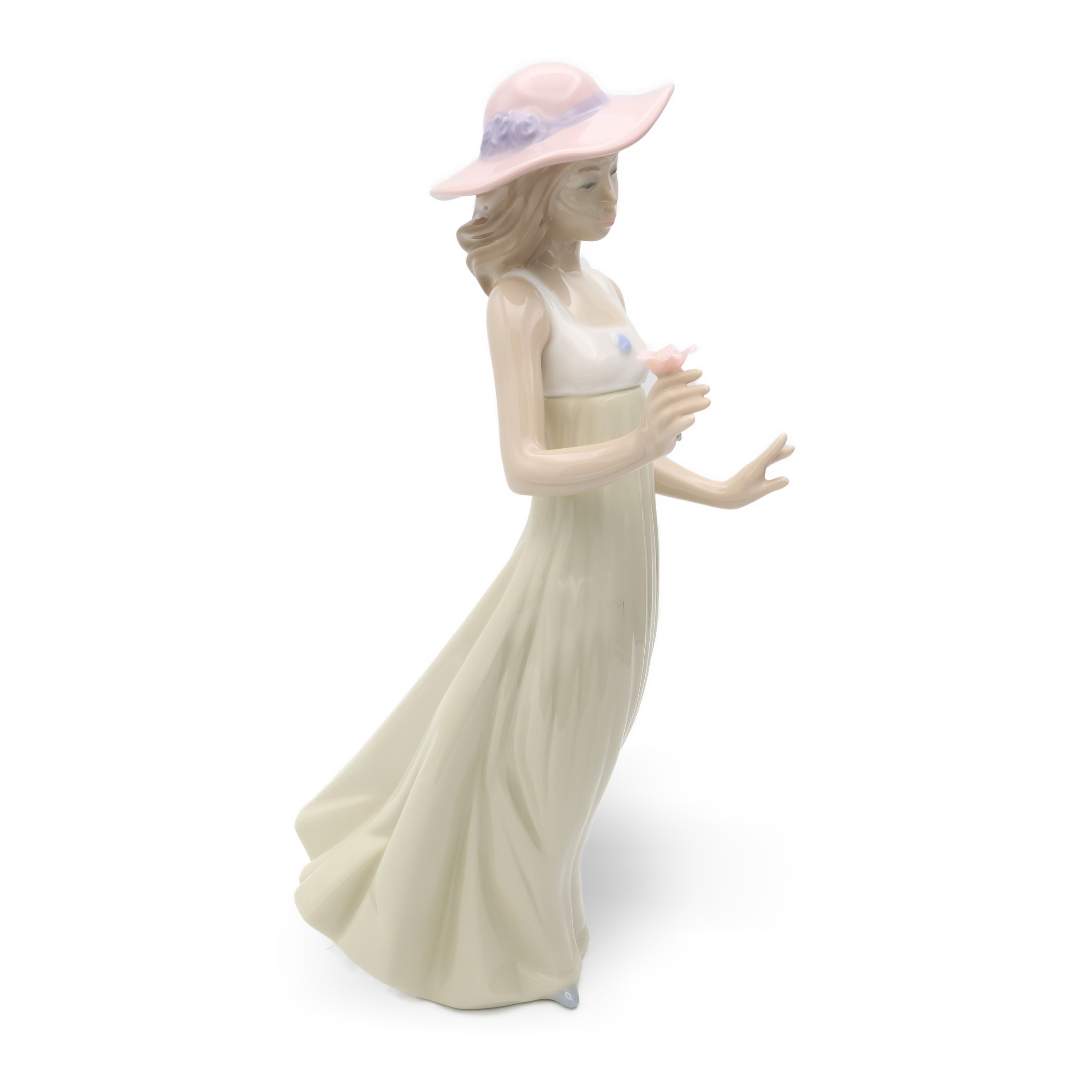 Lladro Figur, Vintage NAO Porzellan Junge Frau Pinkfarbener Hut, Grünes Kleid Mit Blume In Der Hand, Langes Sommerkleid, Sammelobjekt, Spanische Handgefertigte Skulptur