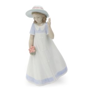 Lladro NAO Frühjahrsbummel Porzellanfigur, Mädchen Mit Blumenstrauß, Fedorahut