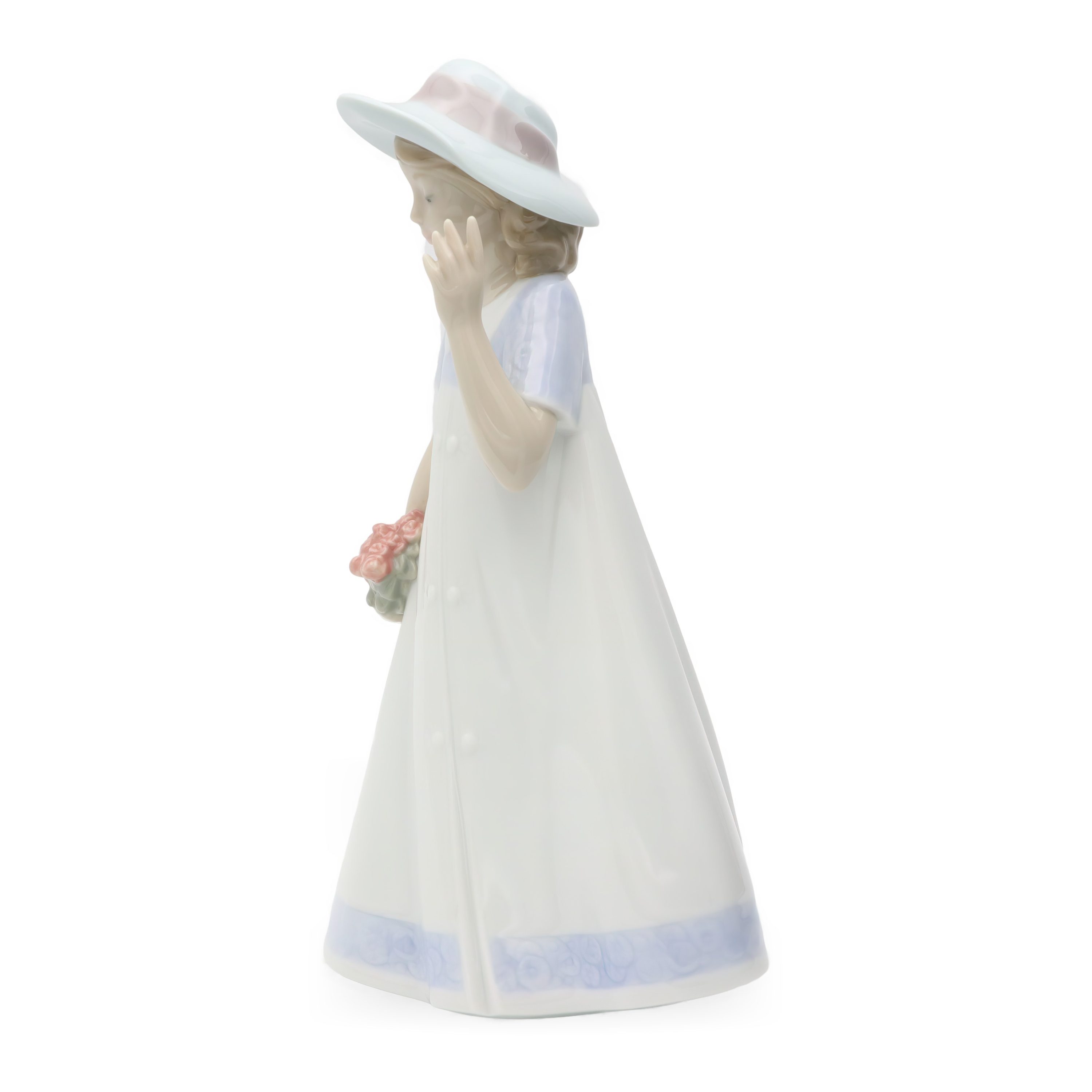 Lladro NAO Frühjahrsbummel Porzellanfigur, Mädchen Mit Blumenstrauß, Fedorahut