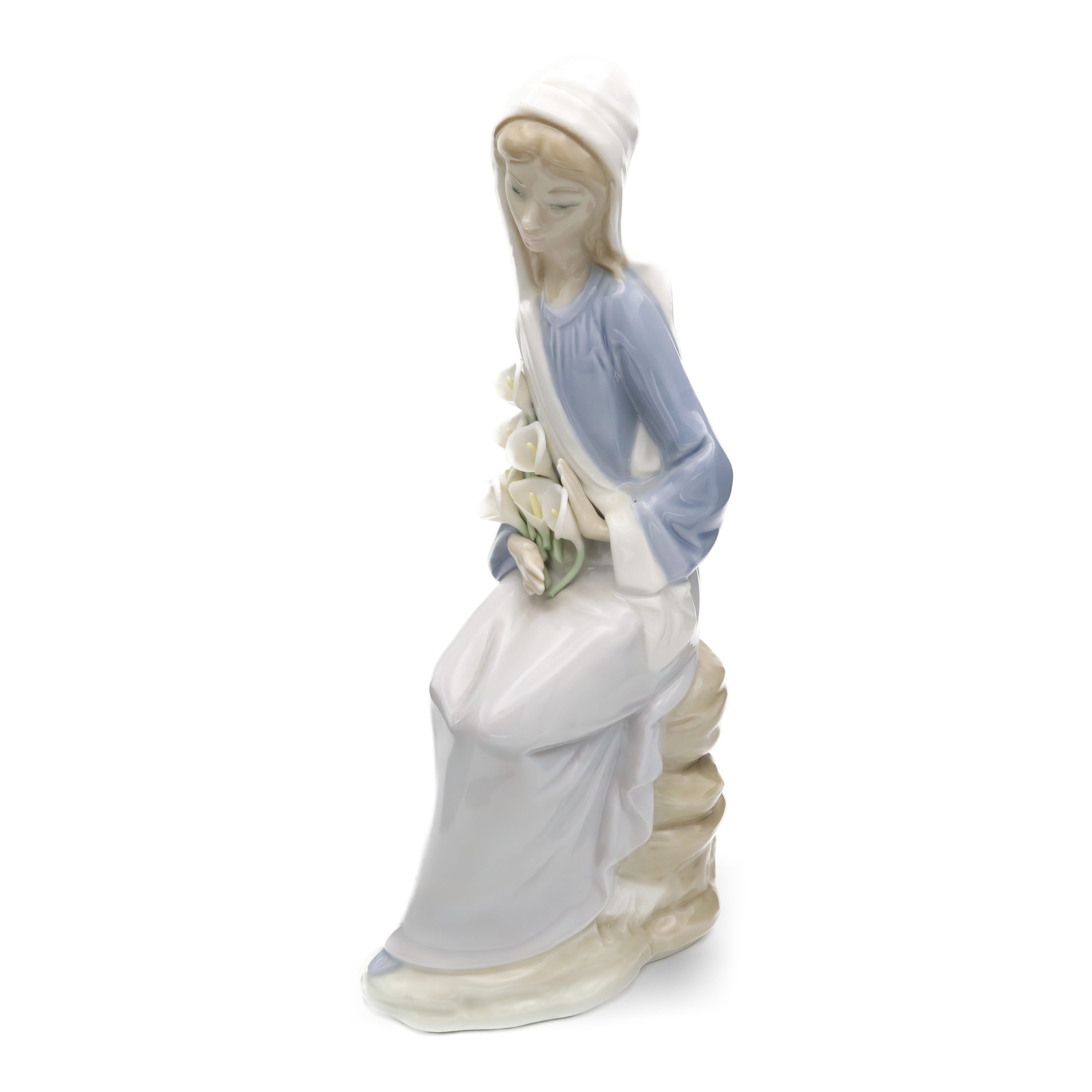 Lladro Frau Sitzt Mit Lilien, Vintage Lladro Figur, Aus Dem Programm Genommen, Blume Fehlt, Keramik Sammler Skulptur