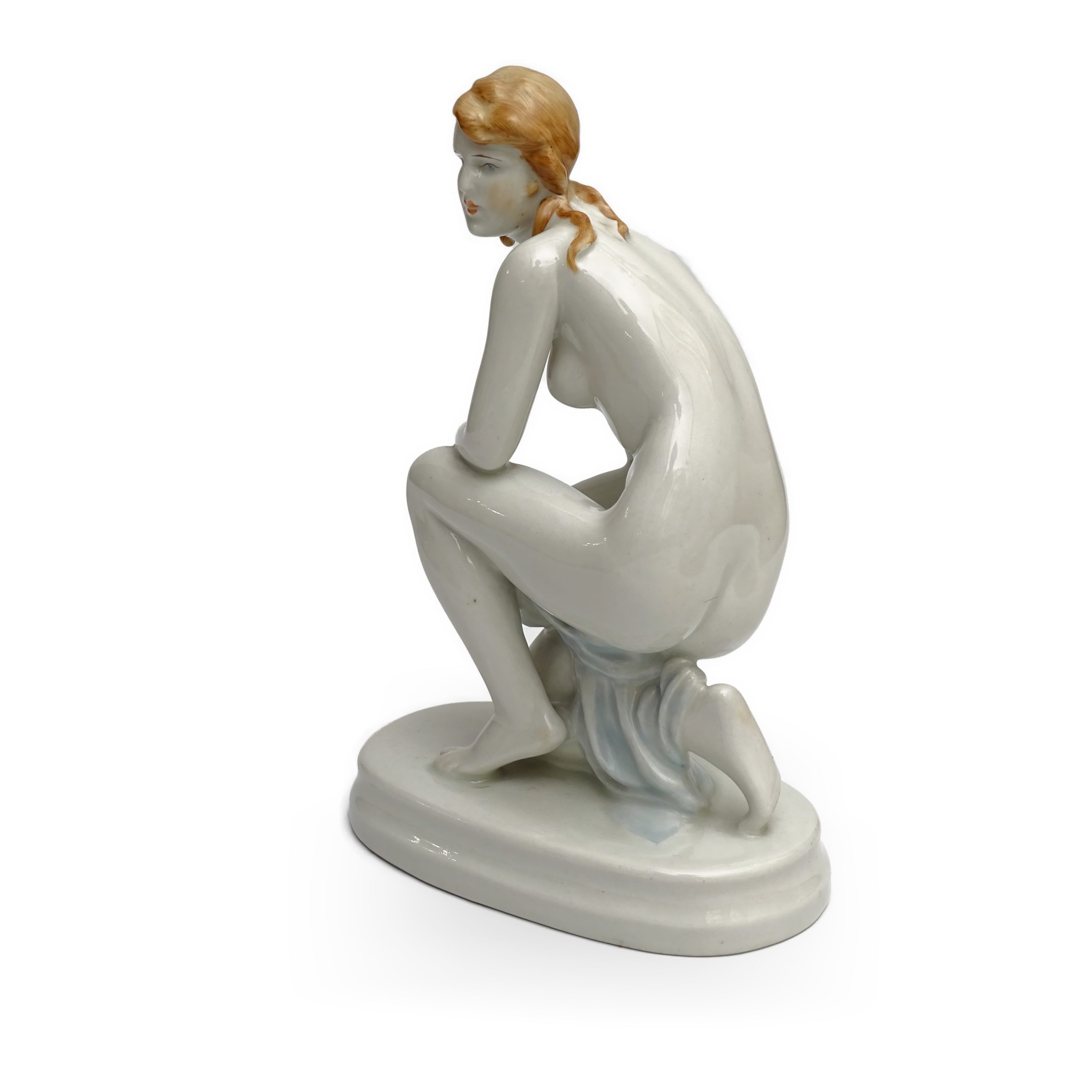 Vintage Zsolnay Porzellanfigurine, Handbemalte Weiße Skulptur Einer Nackten Frau, Elegante Sammelbare Art Deco Dekoration, Keramik