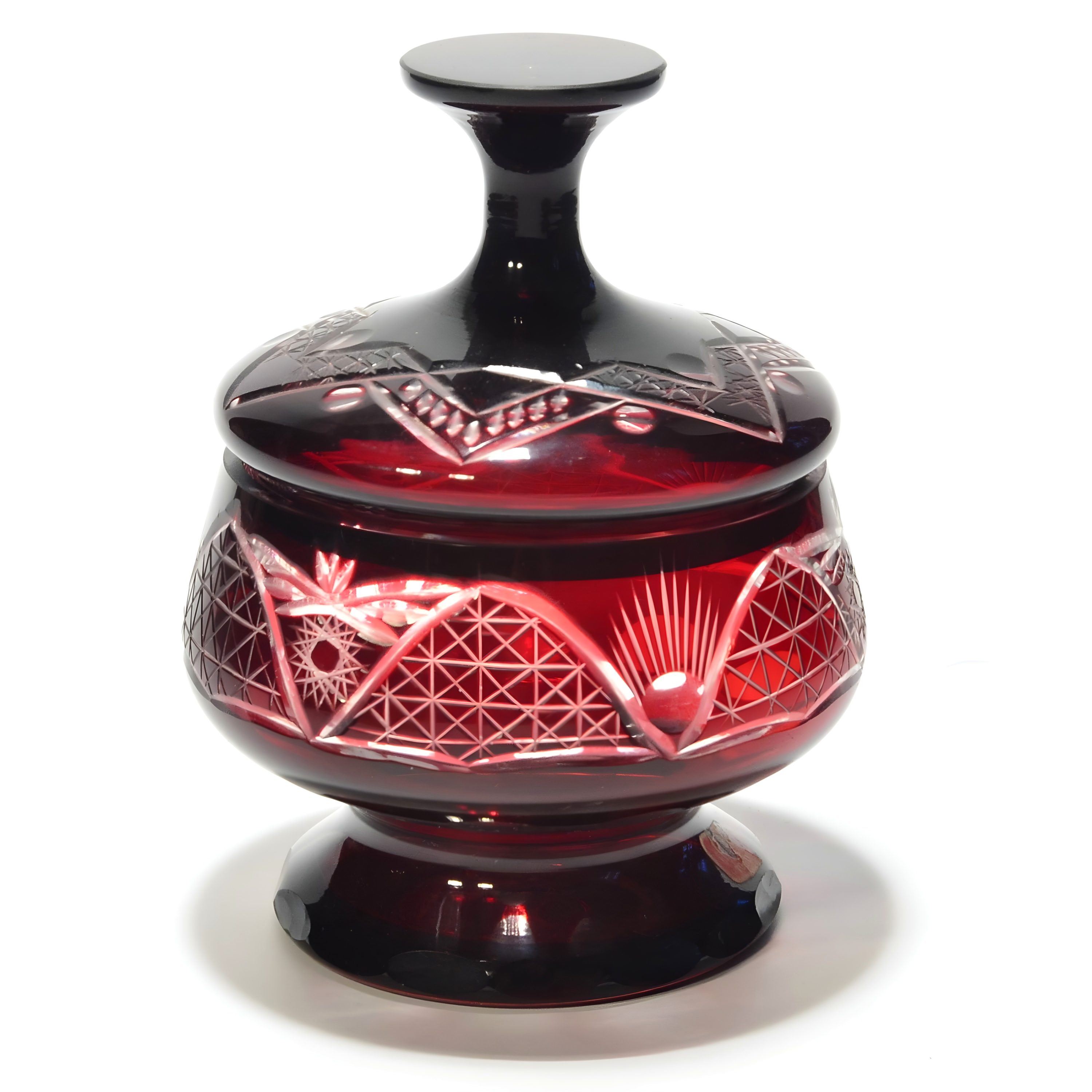 Böhmische Rote Bleikristall-Bonbonniere - Handgeschliffene Vintage-Bonbonniere Mit Deckel