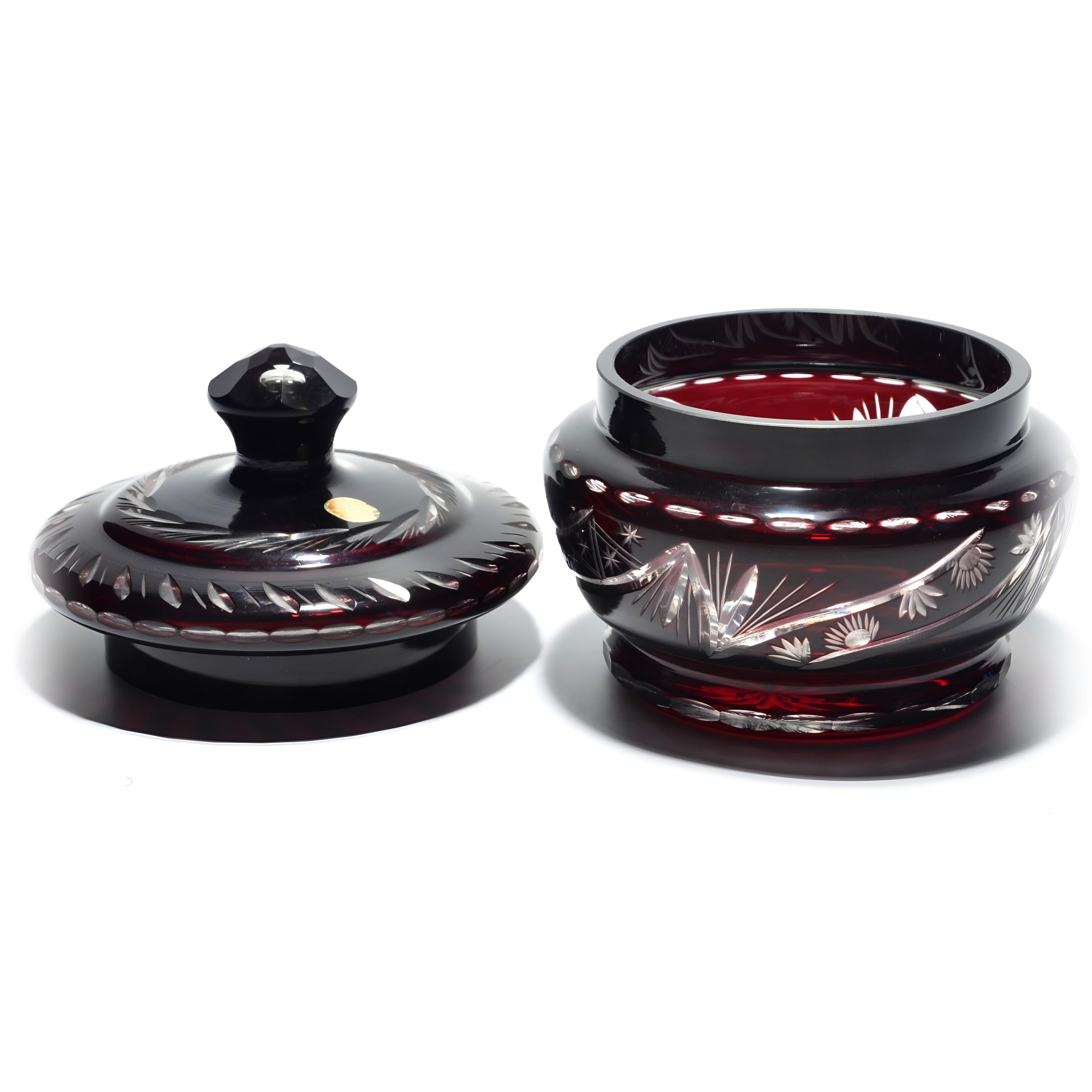Weinrotes - Geschliffenes Kristallglas Mit Deckel - Schmuckdose - Vintage-Aufbewahrungsbehälter Für Schmuck Und Andenken