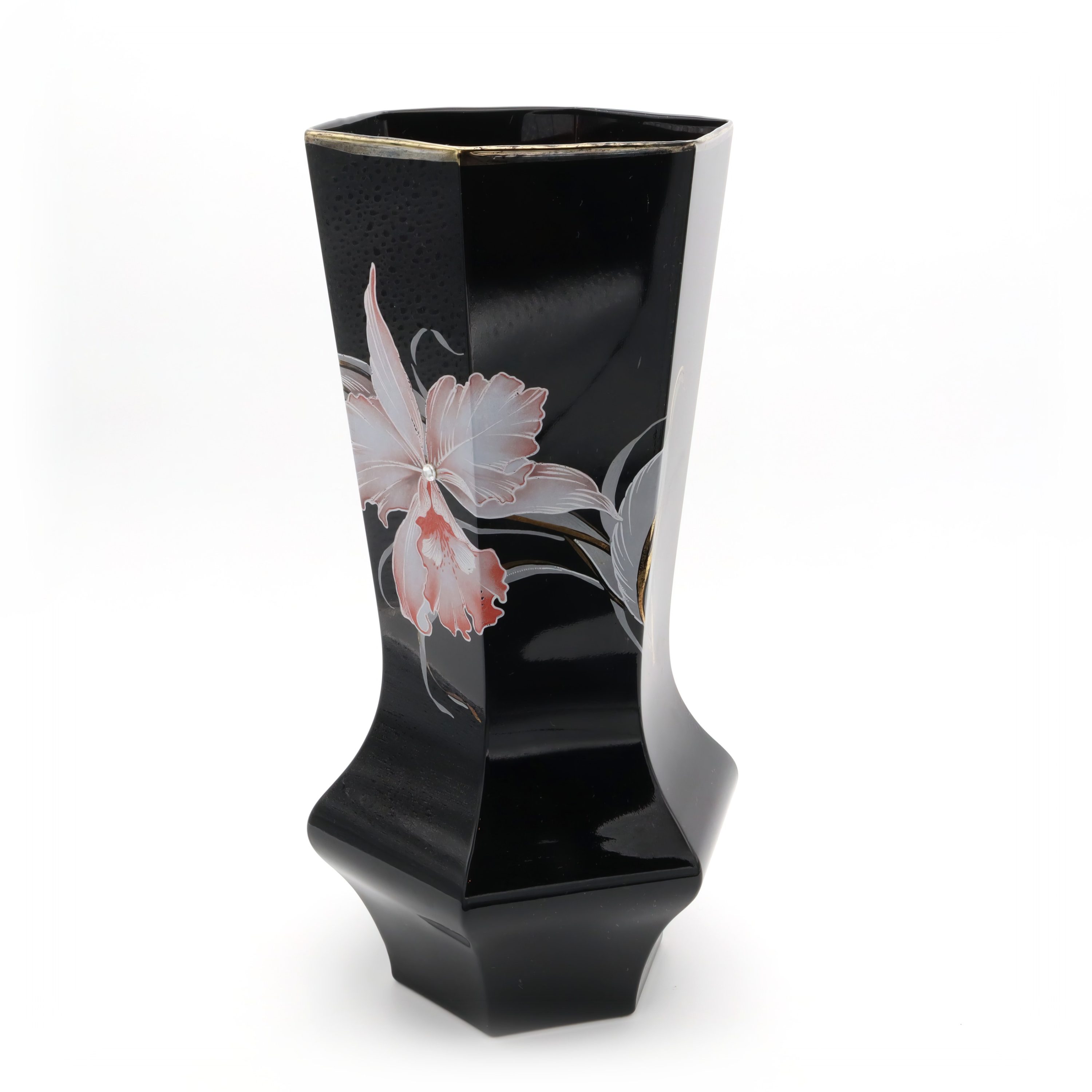 Schwarze Murano Vase - Hexagonale Vintage-Handarbeit - Italienisches Kunstglas-Dekor - Mid-Century Modern Wohnstil - Sammelbare Glasvase