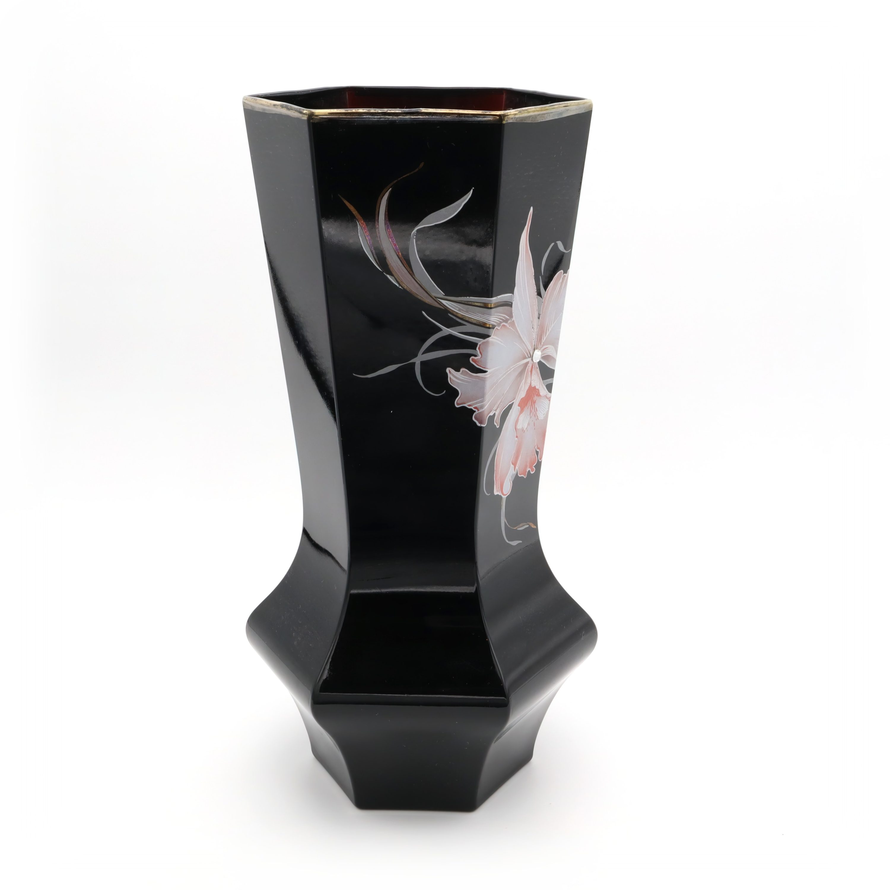 Schwarze Murano Vase - Hexagonale Vintage-Handarbeit - Italienisches Kunstglas-Dekor - Mid-Century Modern Wohnstil - Sammelbare Glasvase
