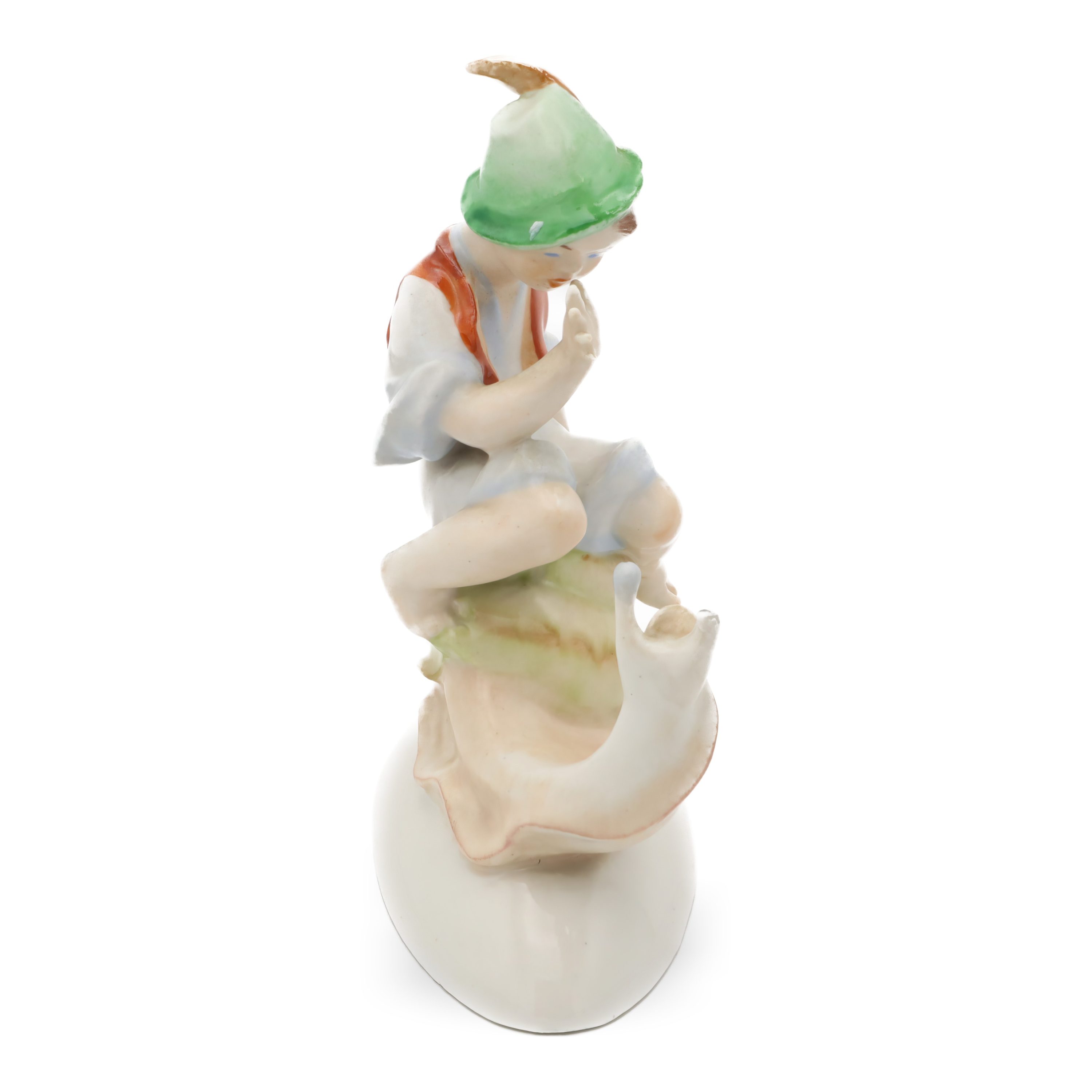 Junge Reitet Auf Einer Schnecke Figur - Handbemalte Vintage Drasche Porzellanfigur - Beschädigt Aber Wunderschön Gefertigt