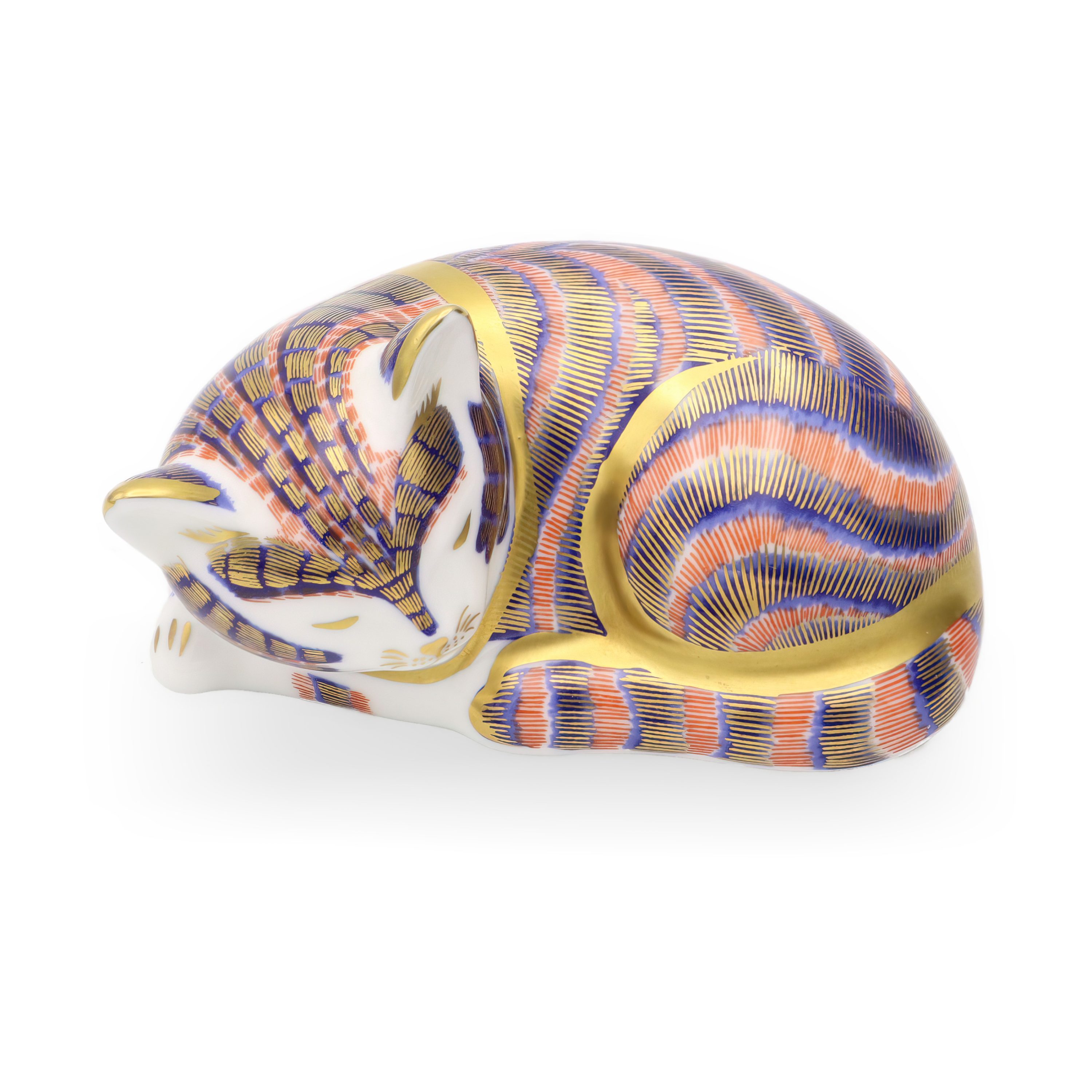 Katzenfigur - Königliche Crown Derby Handbemalte Porzellanbriefbeschwerer - Fauler Witziger Kater - Limitierte Sammleredition Ornament