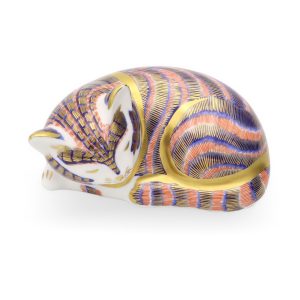 Katzenfigur - Königliche Crown Derby Handbemalte Porzellanbriefbeschwerer - Fauler Witziger Kater - Limitierte Sammleredition Ornament