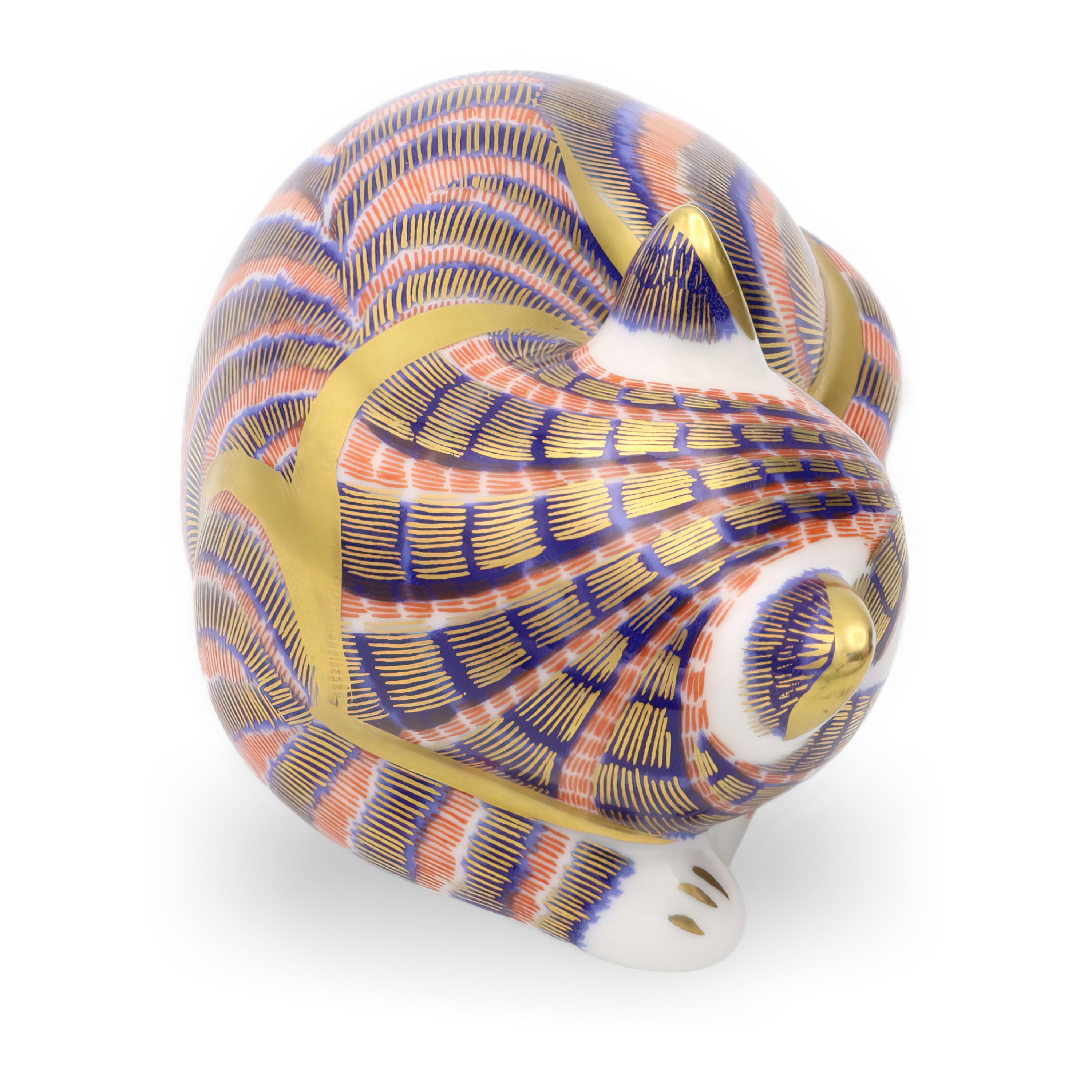 Katzenfigur - Königliche Crown Derby Handbemalte Porzellanbriefbeschwerer - Fauler Witziger Kater - Limitierte Sammleredition Ornament