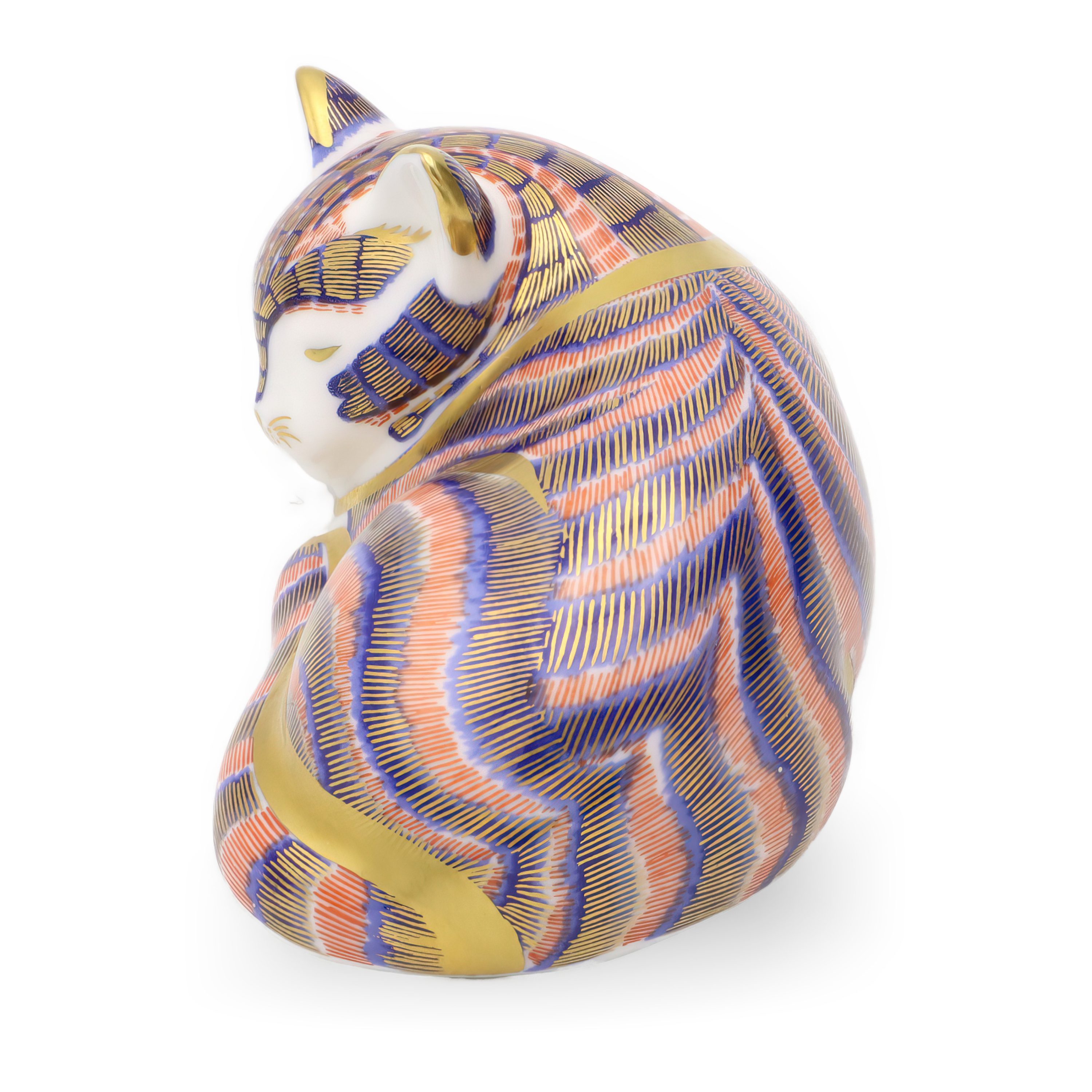 Katzenfigur - Königliche Crown Derby Handbemalte Porzellanbriefbeschwerer - Fauler Witziger Kater - Limitierte Sammleredition Ornament