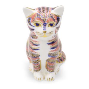 Niedliche Katzenfigur - Royal Crown Derby Handbemalte Porzellan-Sammelskulptur - Vintage-Tierdekor-Ornament