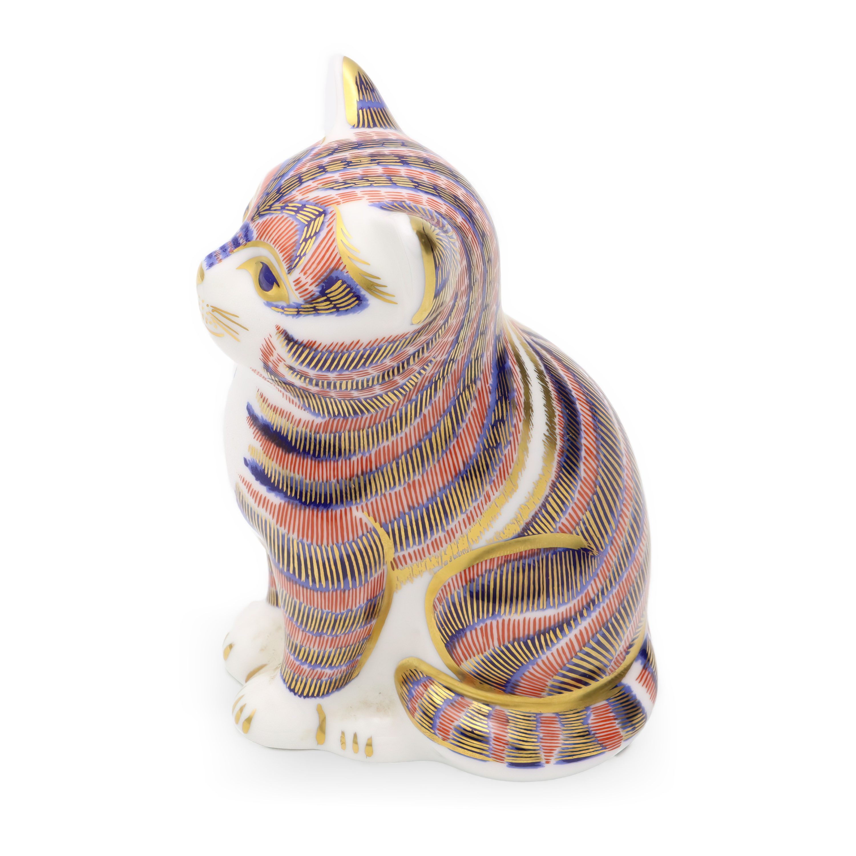 Niedliche Katzenfigur - Royal Crown Derby Handbemalte Porzellan-Sammelskulptur - Vintage-Tierdekor-Ornament