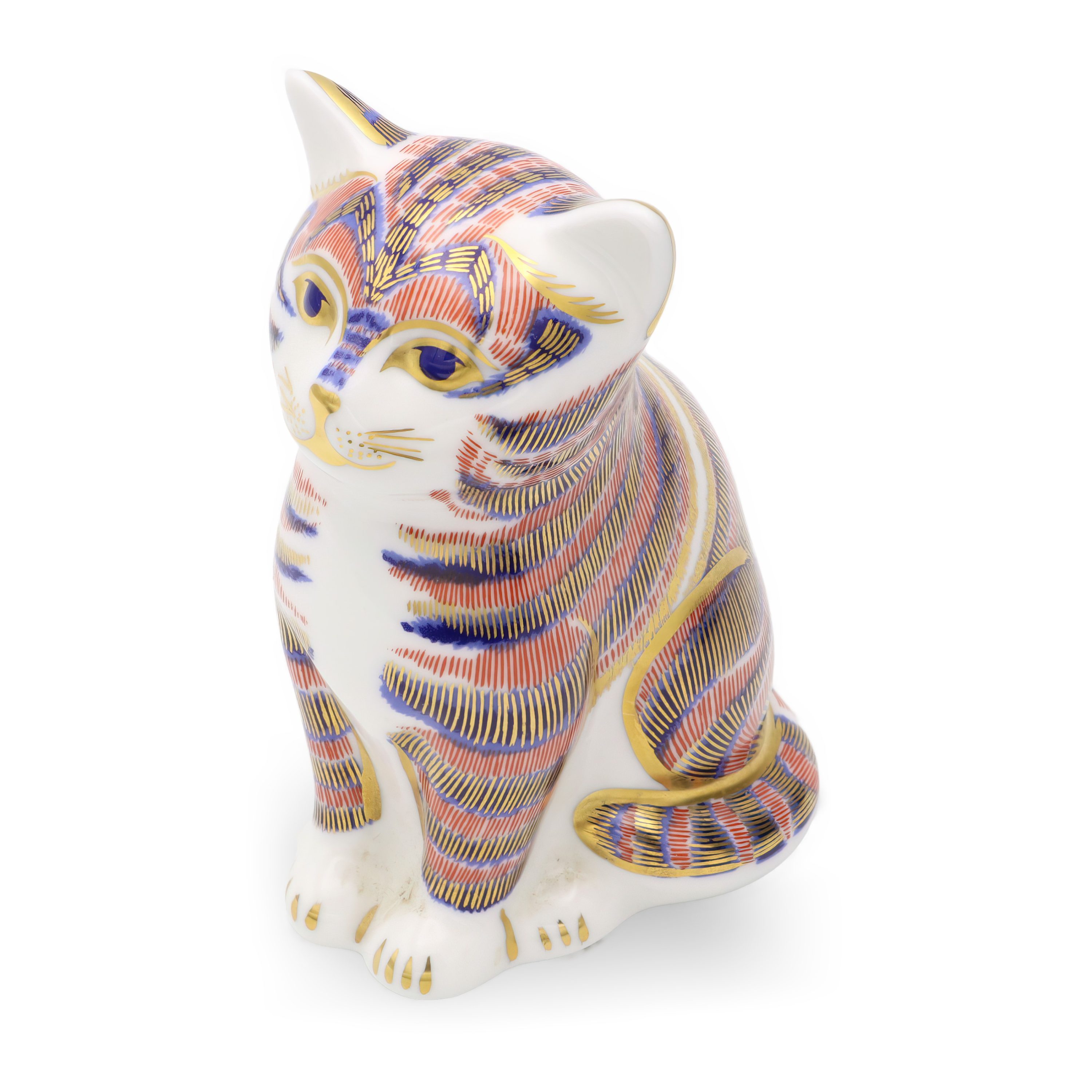 Niedliche Katzenfigur - Royal Crown Derby Handbemalte Porzellan-Sammelskulptur - Vintage-Tierdekor-Ornament