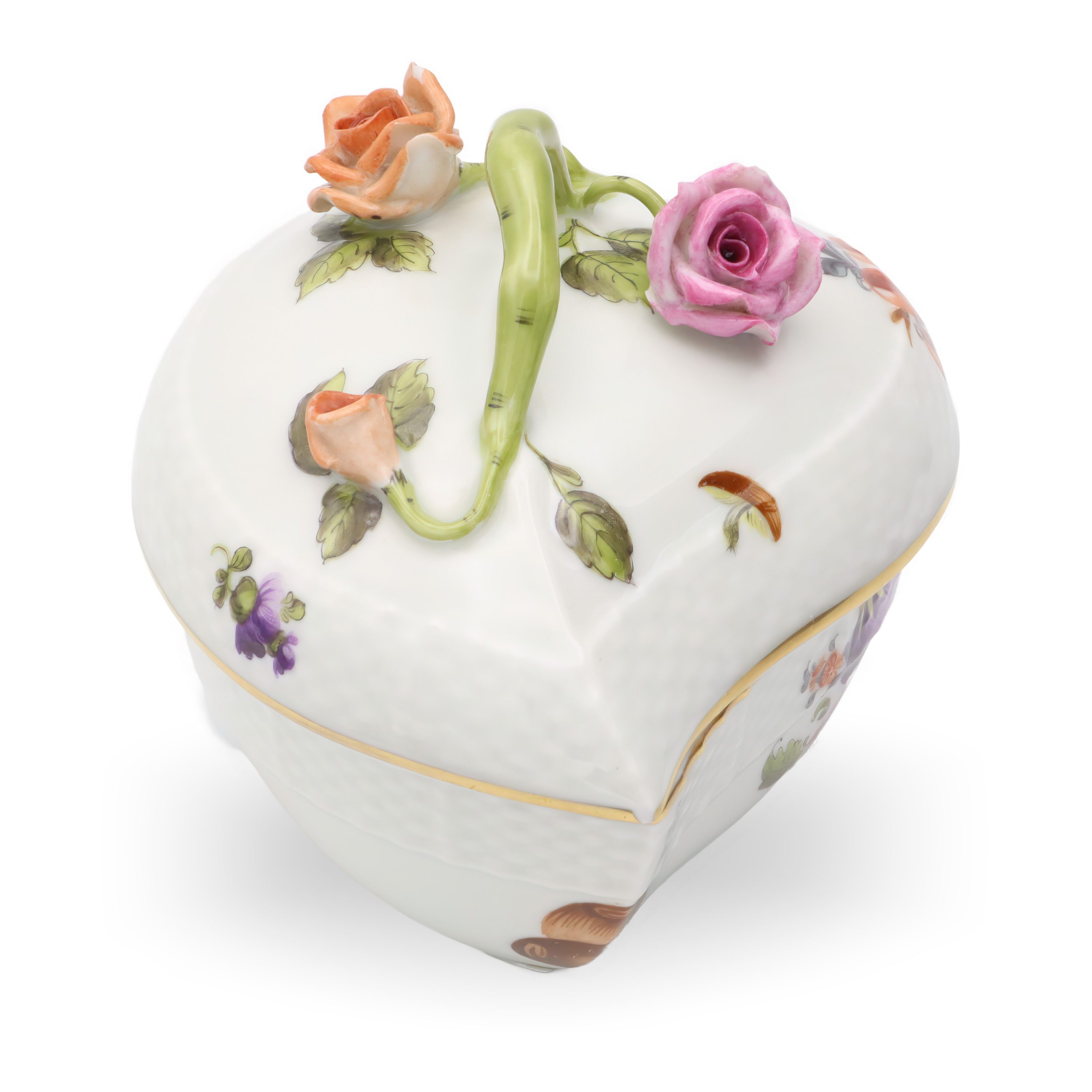Herend Antike Herzförmige Bonbonniere - Schmuckkästchen Mit Deckel - Handbemaltes Porzellan-Souvenir Mit Blumenmotiv