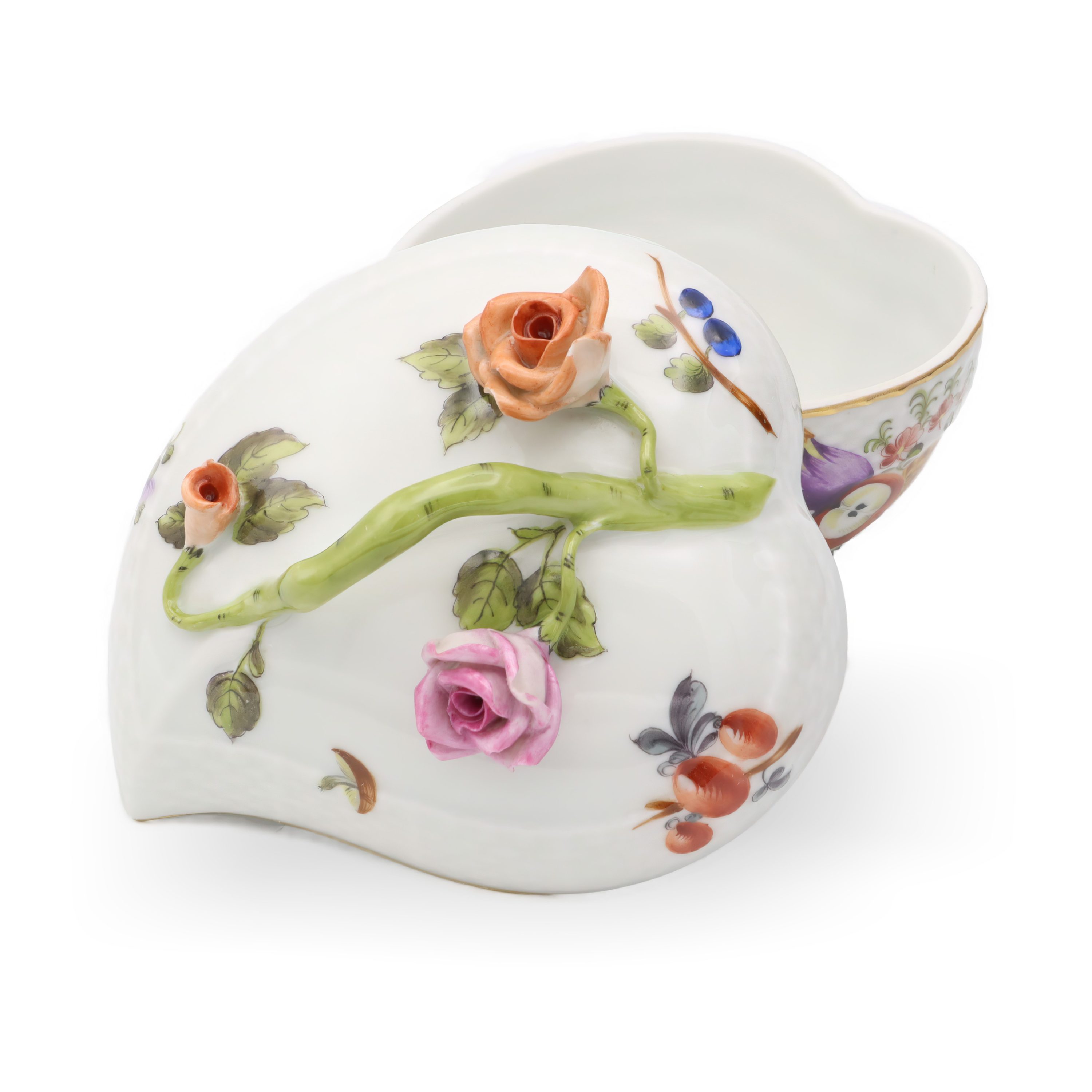 Herend Antike Herzförmige Bonbonniere - Schmuckkästchen Mit Deckel - Handbemaltes Porzellan-Souvenir Mit Blumenmotiv