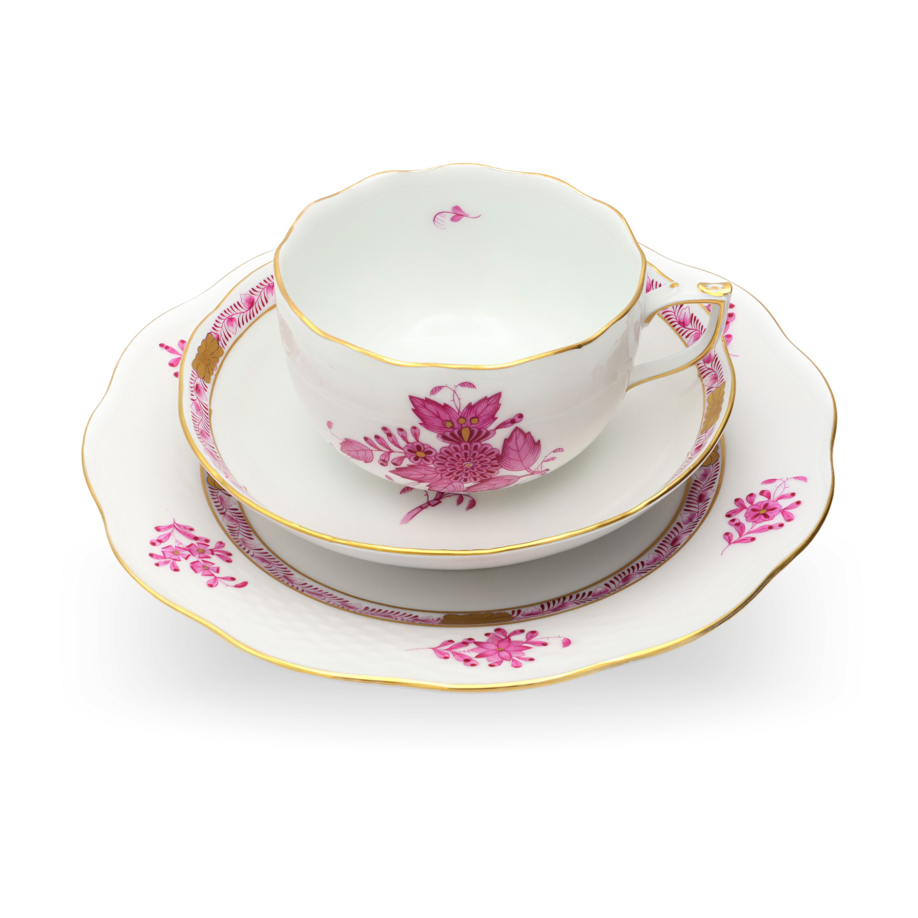 Herend Ungarn Himbeerfarbenes Chinesisches Bouquet Apponyi Teetasse - Untertasse - Dessertteller Set