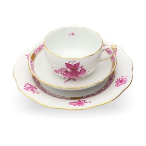 Herend Ungarn Himbeerfarbenes Chinesisches Bouquet Apponyi Teetasse - Untertasse - Dessertteller Set