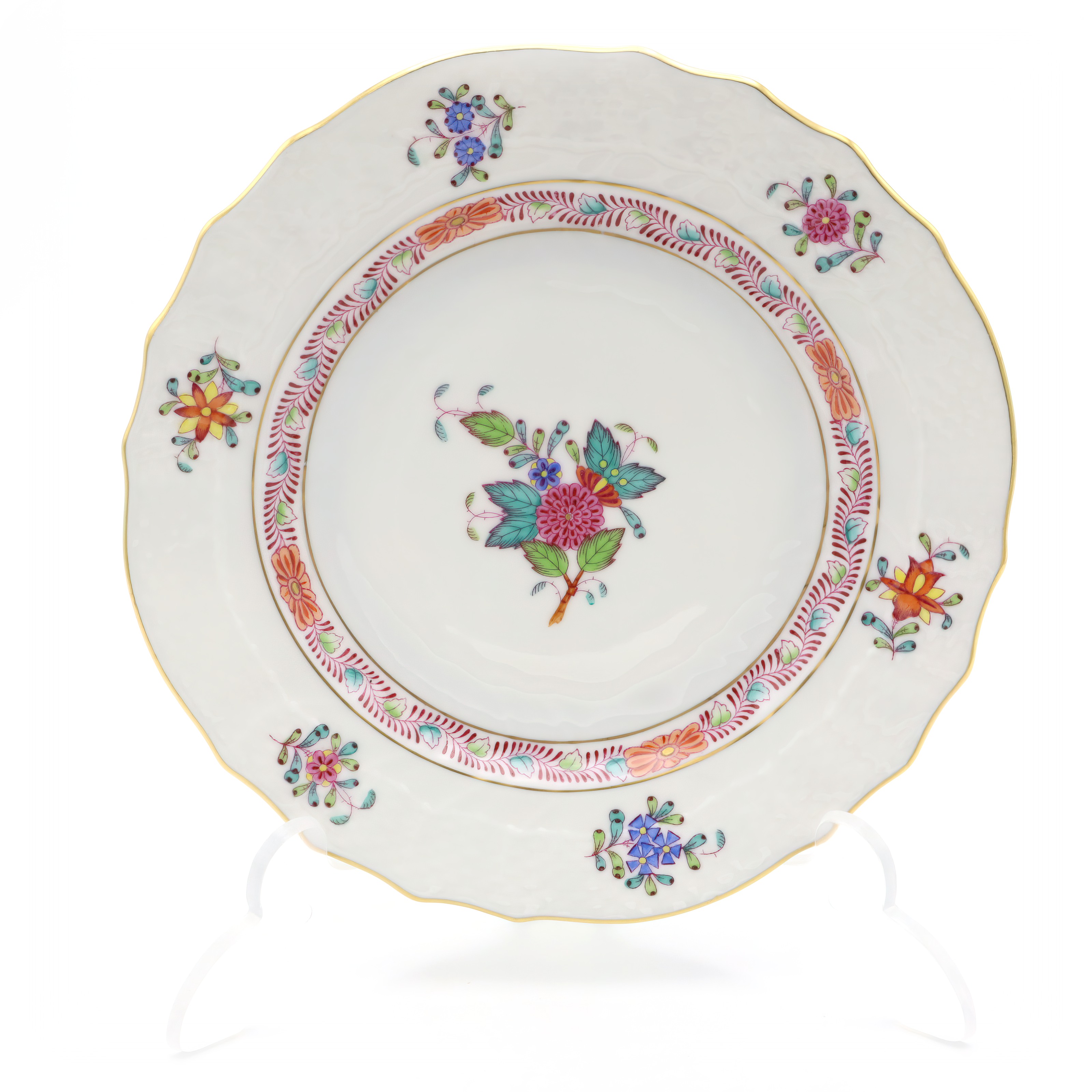 Herend Multicolor Chinesischer Bukett Brot- und Butterteller Porzellan mit floralem Dekor und Goldrand, Gesamtansicht Herend Multicolor Chinesischer Bukett Brot- und Butterteller Porzellan mit buntem Blumenmuster und Goldrand, Gesamtaufnahme