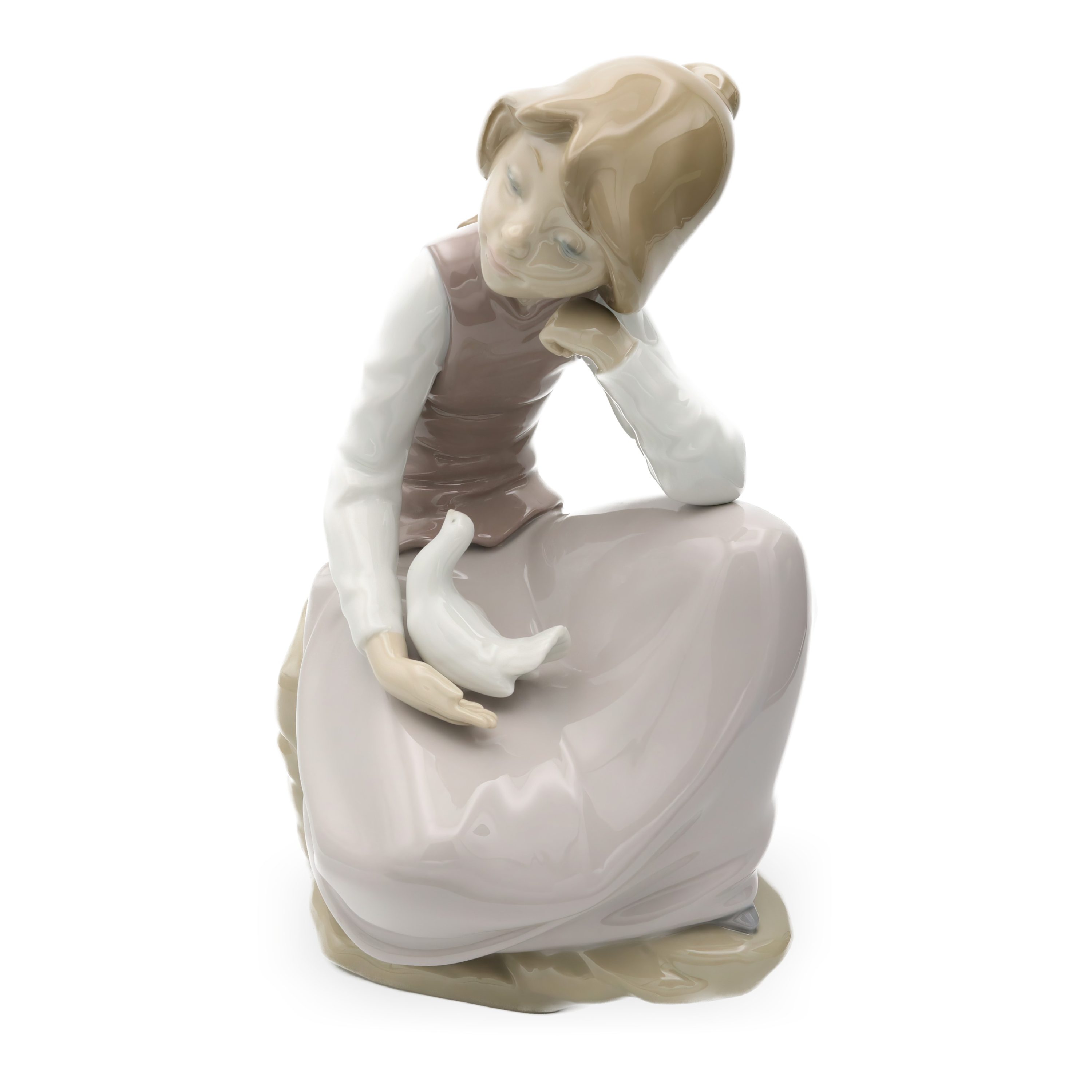 Lladro Figur - Vintage NAO Porzellan Fröhliches Mädchen Kniend - Mit Weißer Taube In Der Hand - 1981 - Aus Dem Programm Genommen