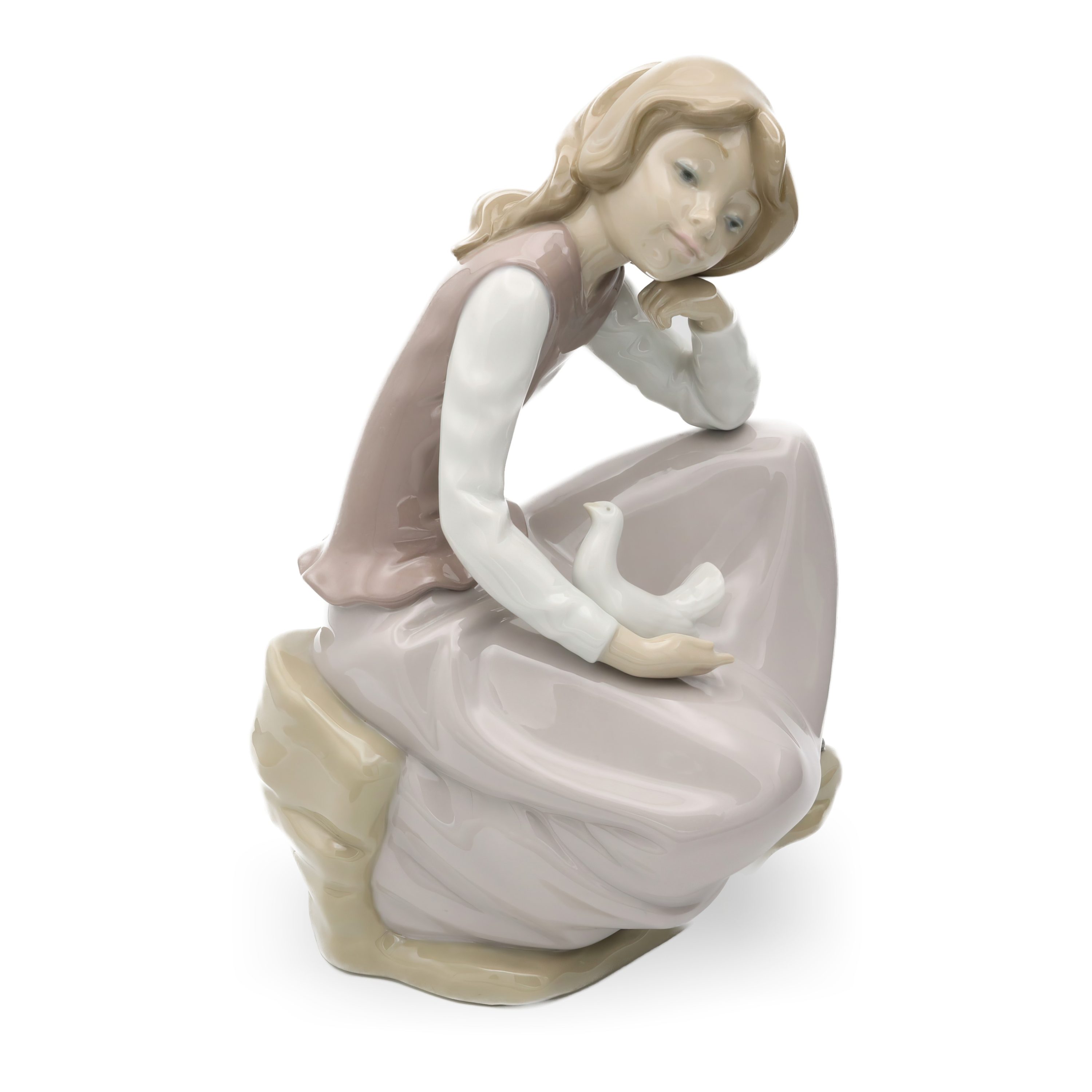 Lladro Figur - Vintage NAO Porzellan Fröhliches Mädchen Kniend - Mit Weißer Taube In Der Hand - 1981 - Aus Dem Programm Genommen