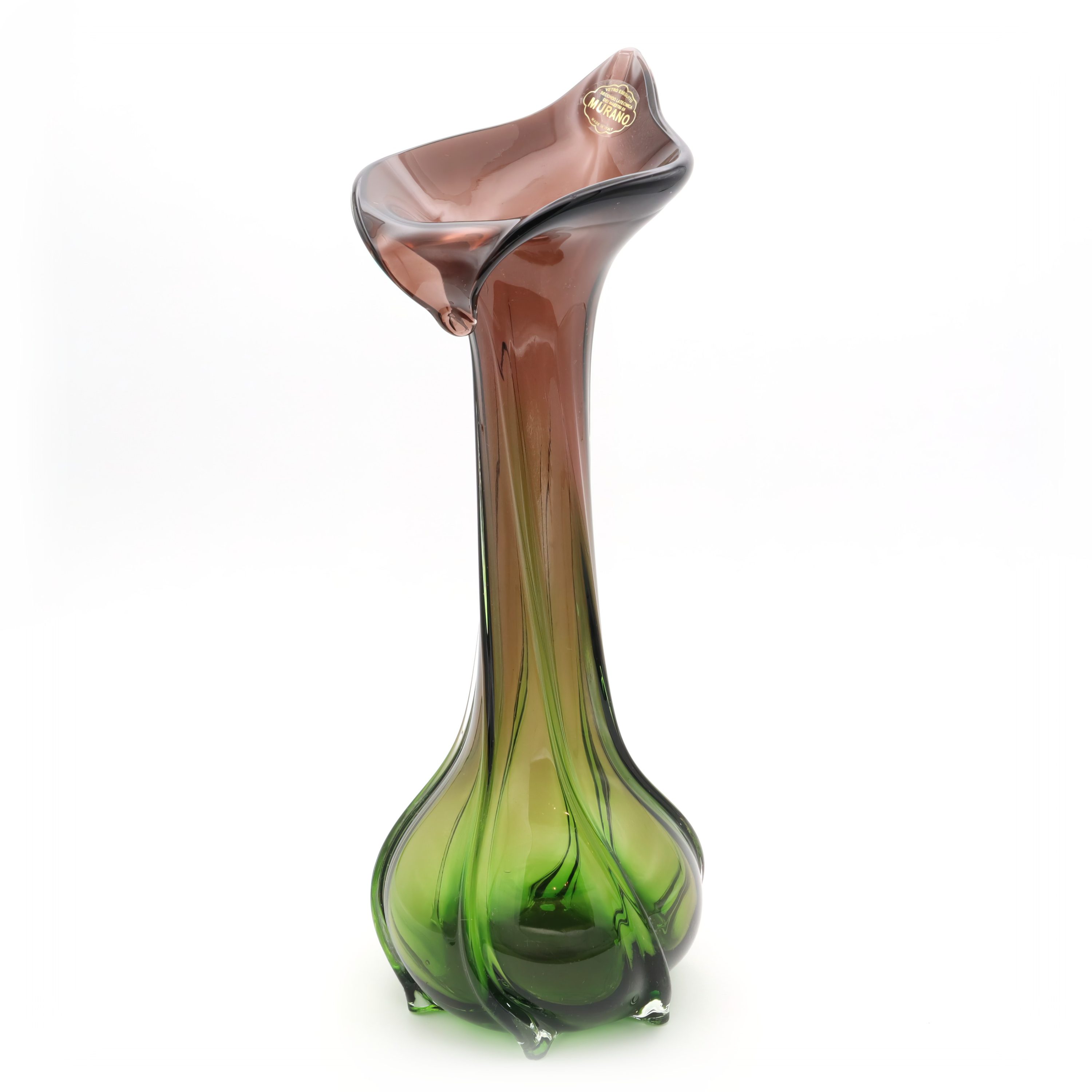 Murano Grün Lila Blumenvase - Handgeblasen - Vintage - Italienisches Kunstglas - Mid Century Modern Wohnaccessoire - Sammlervase