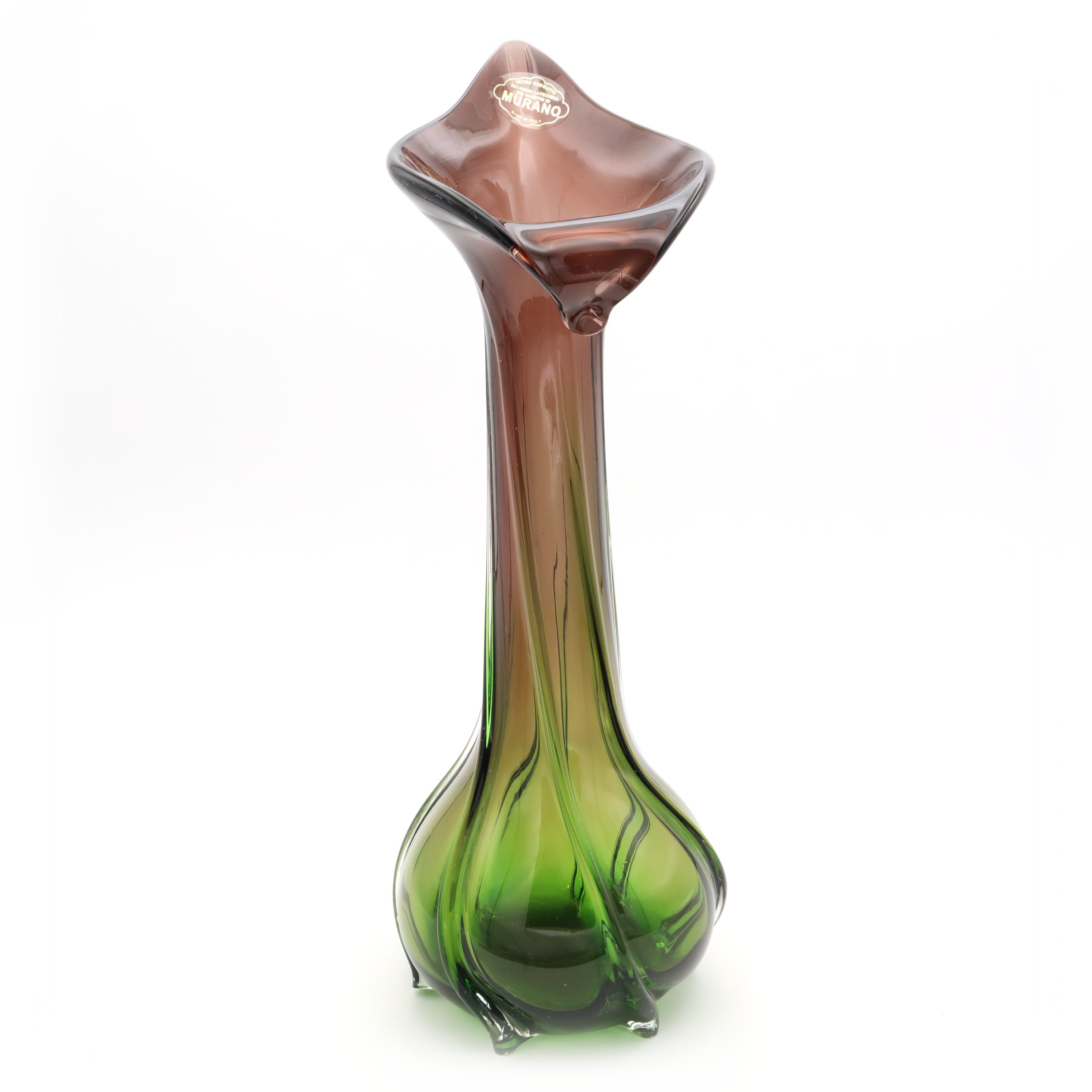 Murano Grün Lila Blumenvase - Handgeblasen - Vintage - Italienisches Kunstglas - Mid Century Modern Wohnaccessoire - Sammlervase