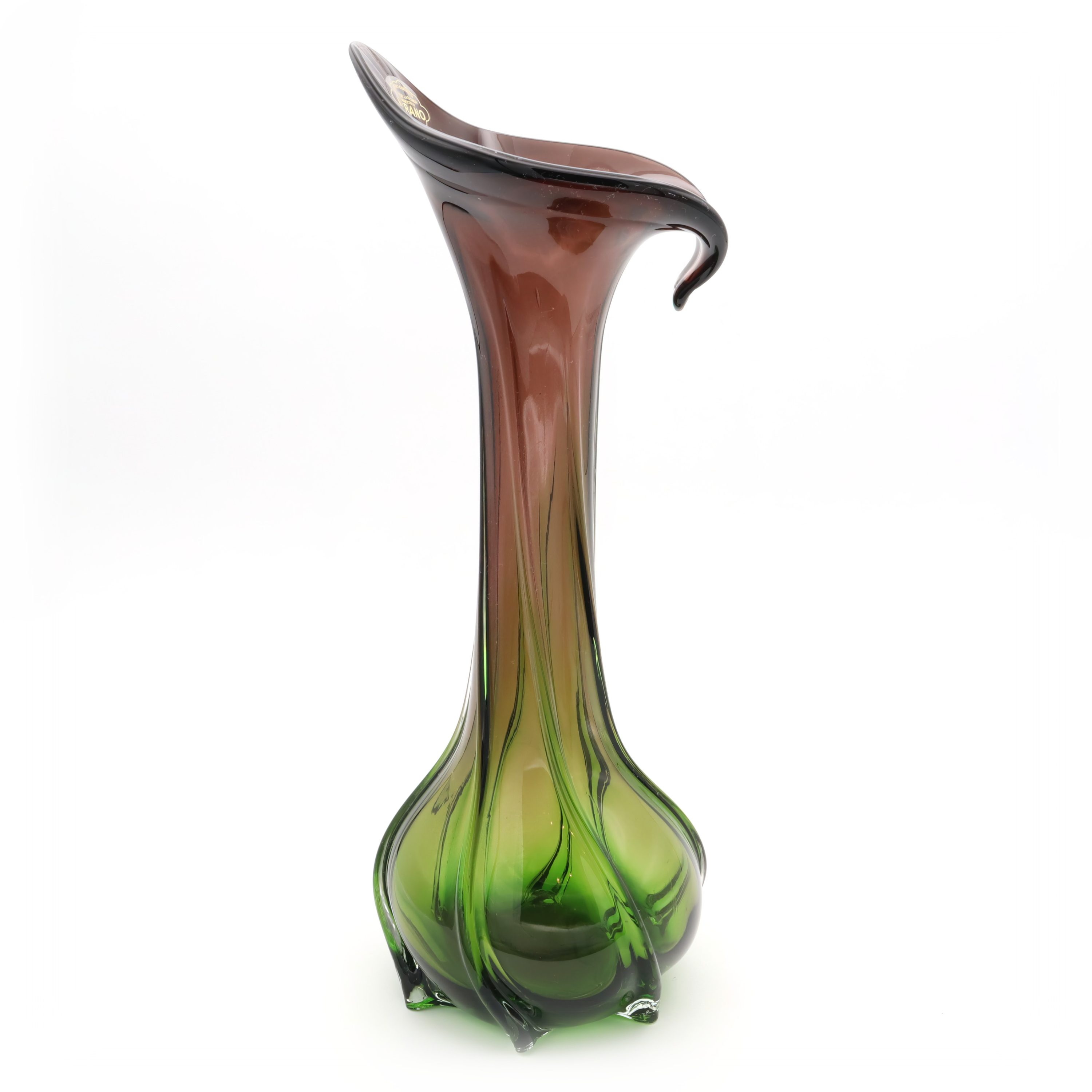 Murano Grün Lila Blumenvase - Handgeblasen - Vintage - Italienisches Kunstglas - Mid Century Modern Wohnaccessoire - Sammlervase