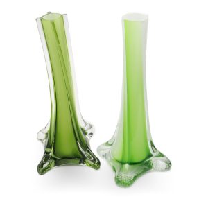 Murano Vase - Paar Grüne Glasblumenvase - Handgefertigt In Italien - Vintage - Sammelbare Wohnkultur - Mid-Century Modern Kunstglas