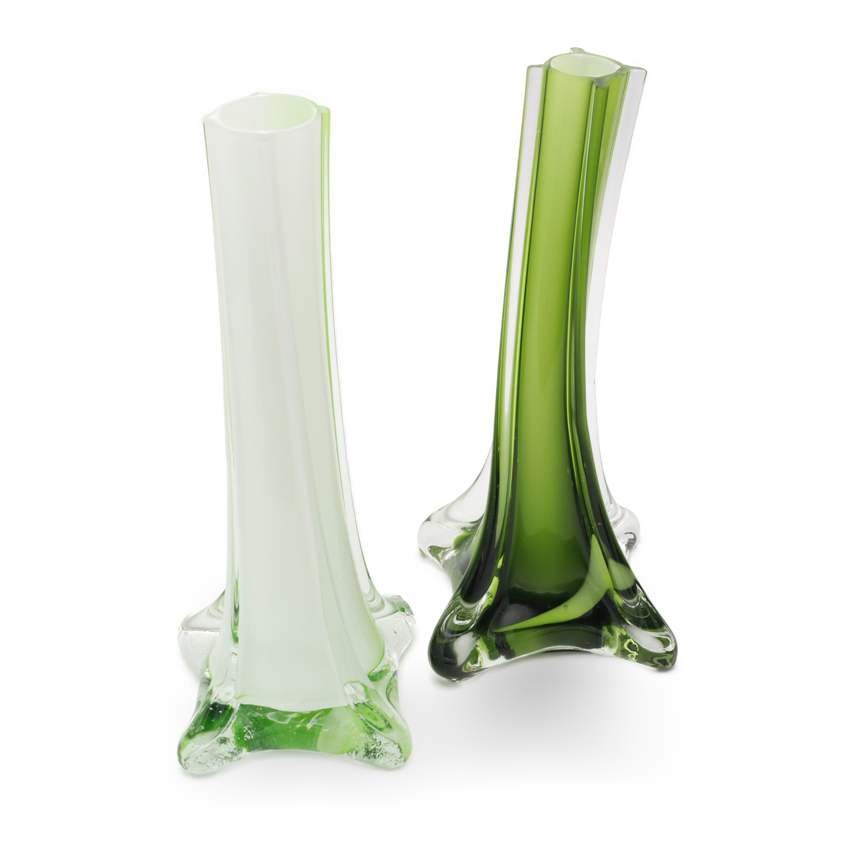 Murano Vase - Paar Grüne Glasblumenvase - Handgefertigt In Italien - Vintage - Sammelbare Wohnkultur - Mid-Century Modern Kunstglas