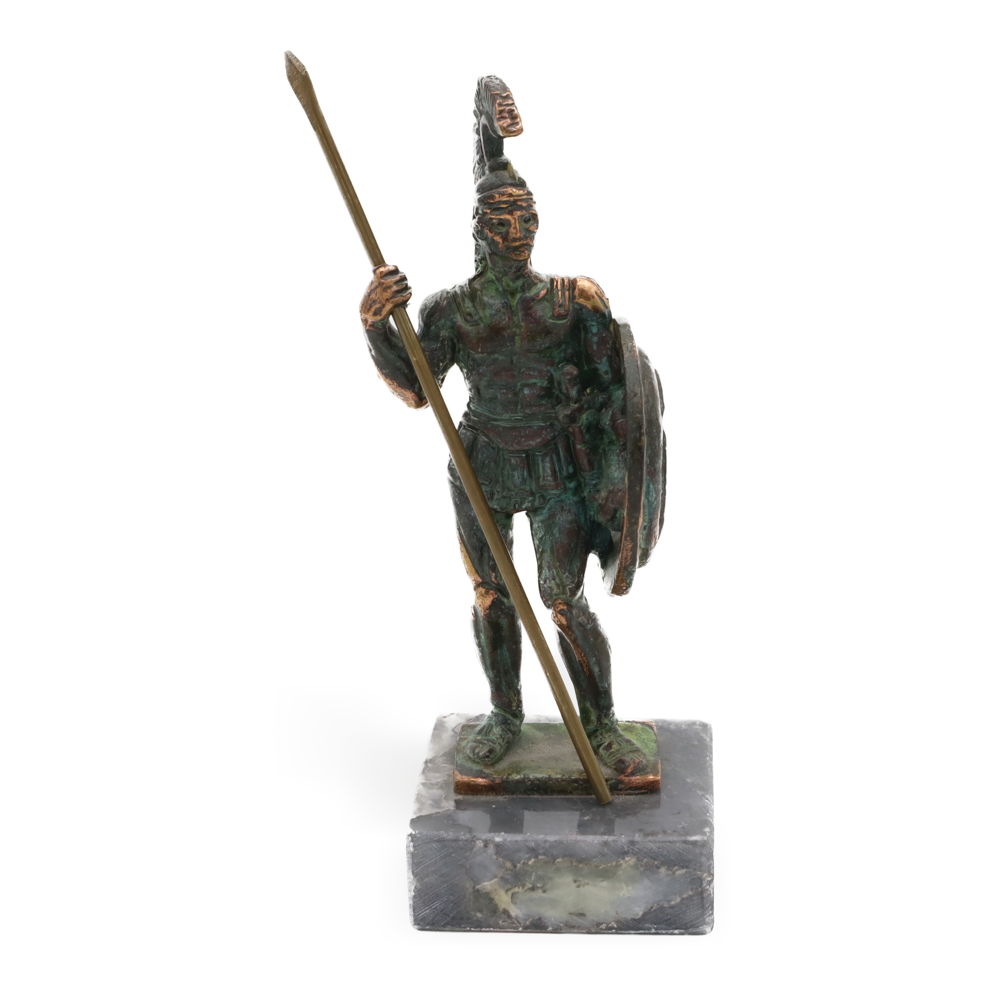 Spartaner Krieger Bronze Statue mit Speer und Schild, vollständige Frontalansicht der antiken Figur auf Marmorsockel Spartaner Krieger Bronze Statue mit Speer und Schild, komplette Frontalansicht der antiken griechischen Kriegerfigur auf Marmorsockel