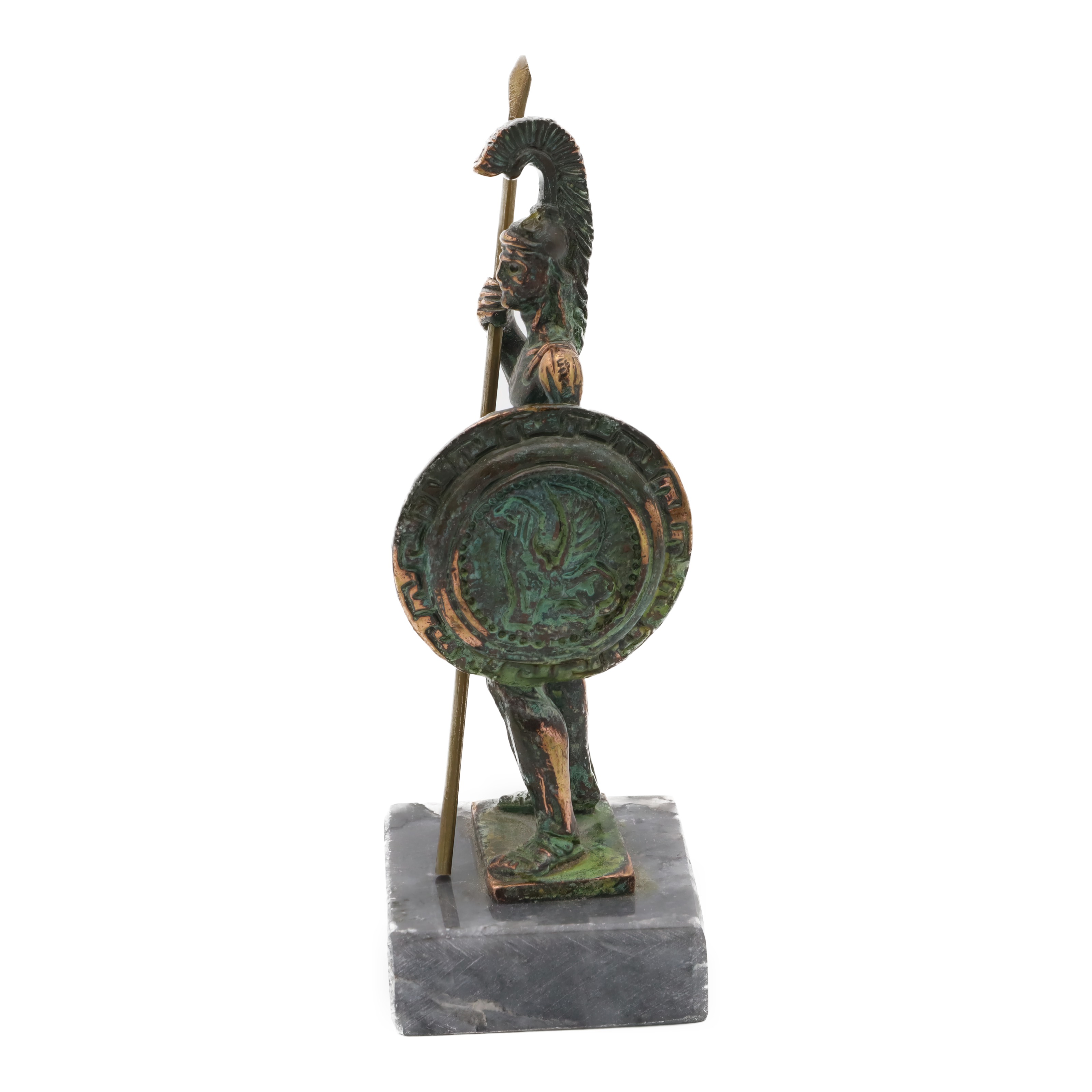 Spartaner Krieger Bronze Statue mit Speer und rundem Schild, seitliche Ansicht auf Marmorsockel Thumbnail for Spartaner Krieger Bronze Statue - Vintage Dekoration - Griechische Mythologie Kunst - Antike Krieger Skulptur - Bronze Wohnakzent