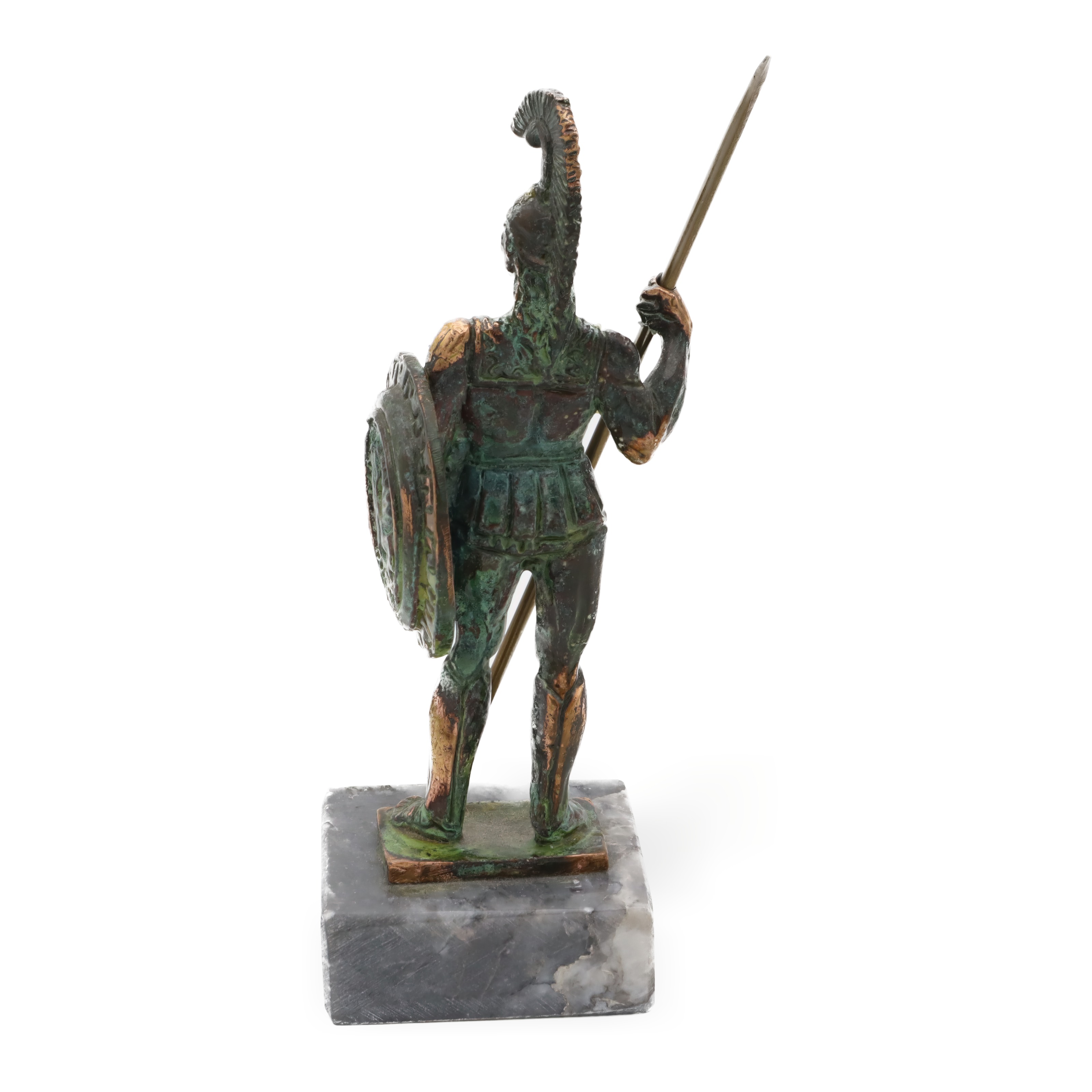Spartaner Krieger Bronze Statue mit Speer und rundem Schild, Rückansicht der Figur auf Marmorsockel Thumbnail for Spartaner Krieger Bronze Statue - Vintage Dekoration - Griechische Mythologie Kunst - Antike Krieger Skulptur - Bronze Wohnakzent