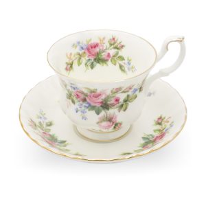 Royal Albert Moss Rose Tasse Mit Untertasse - Vintage Knochenporzellan Teetasse - Rosafarbenes Blumenmuster - England - 1940er