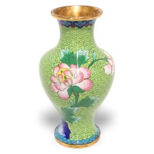 Chinesische Cloisonné Vase - Grün Mit Blumenmotiv - Kupfer Mit Glasuremail - Vintage Dekor