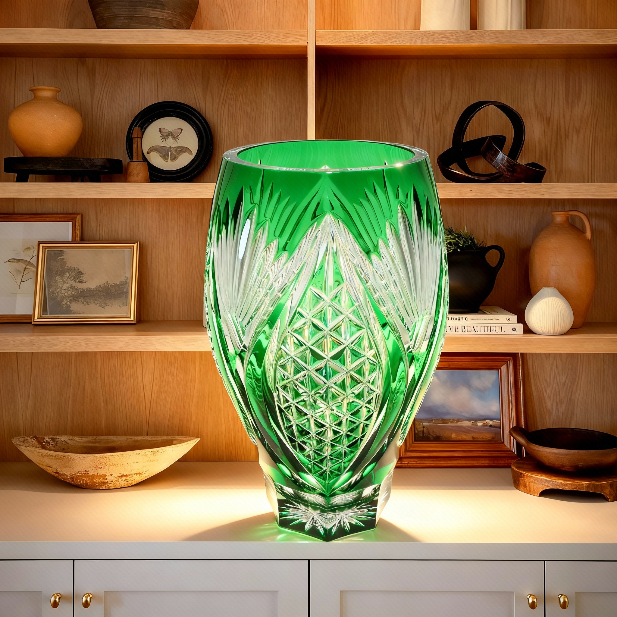 Kristallglas Bohemia - Große Grüne Vase - Tschechische Vintage-Dekoration Thumbnail for Kristallglas Bohemia - Große Grüne Vase - Tschechische Vintage-Dekoration