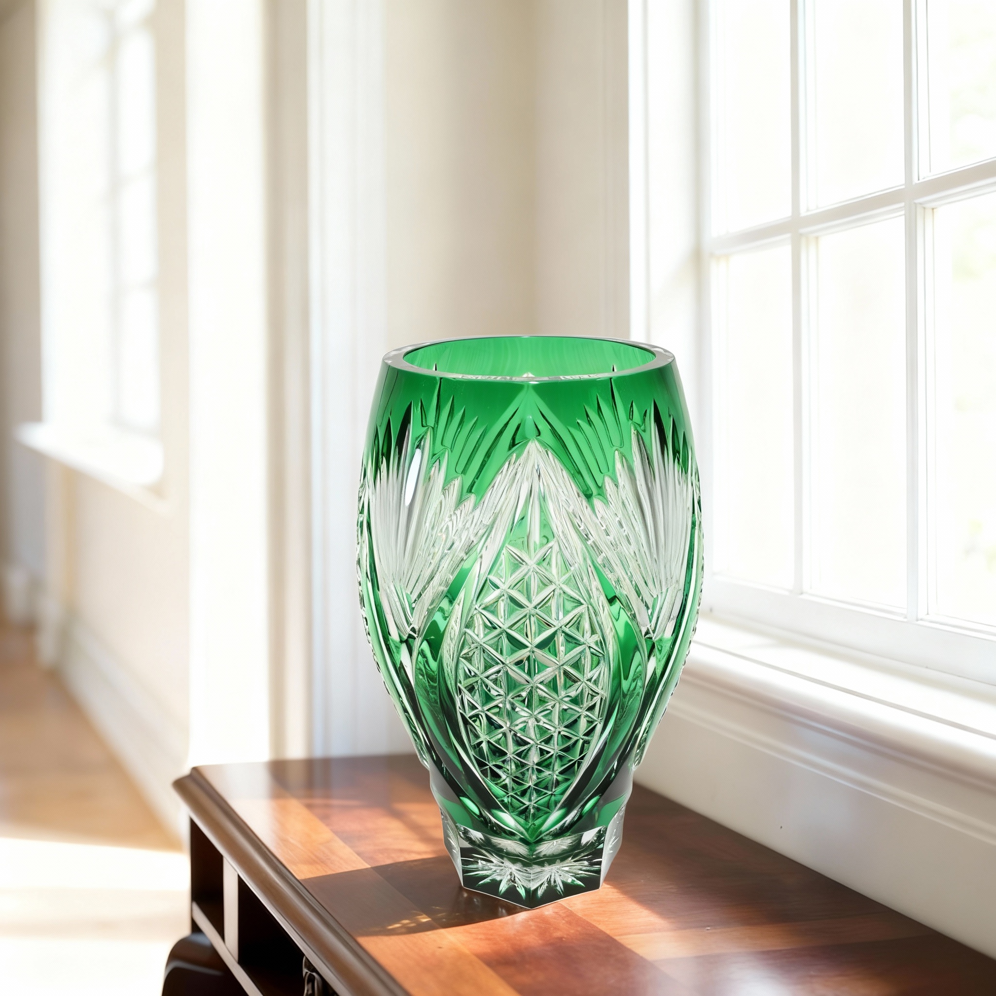 Kristallglas Bohemia - Große Grüne Vase - Tschechische Vintage-Dekoration Thumbnail for Kristallglas Bohemia - Große Grüne Vase - Tschechische Vintage-Dekoration