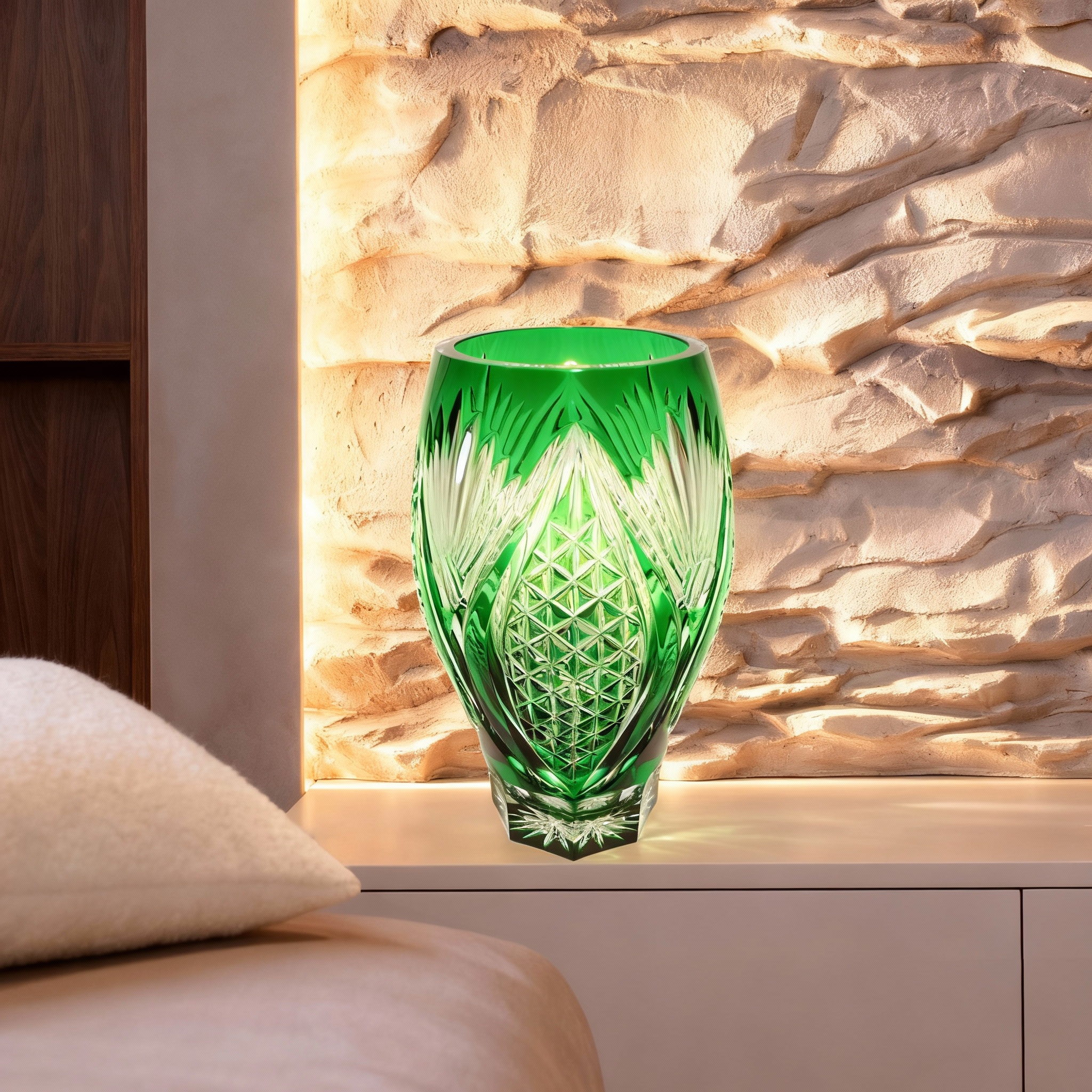 Kristallglas Bohemia - Große Grüne Vase - Tschechische Vintage-Dekoration Thumbnail for Kristallglas Bohemia - Große Grüne Vase - Tschechische Vintage-Dekoration