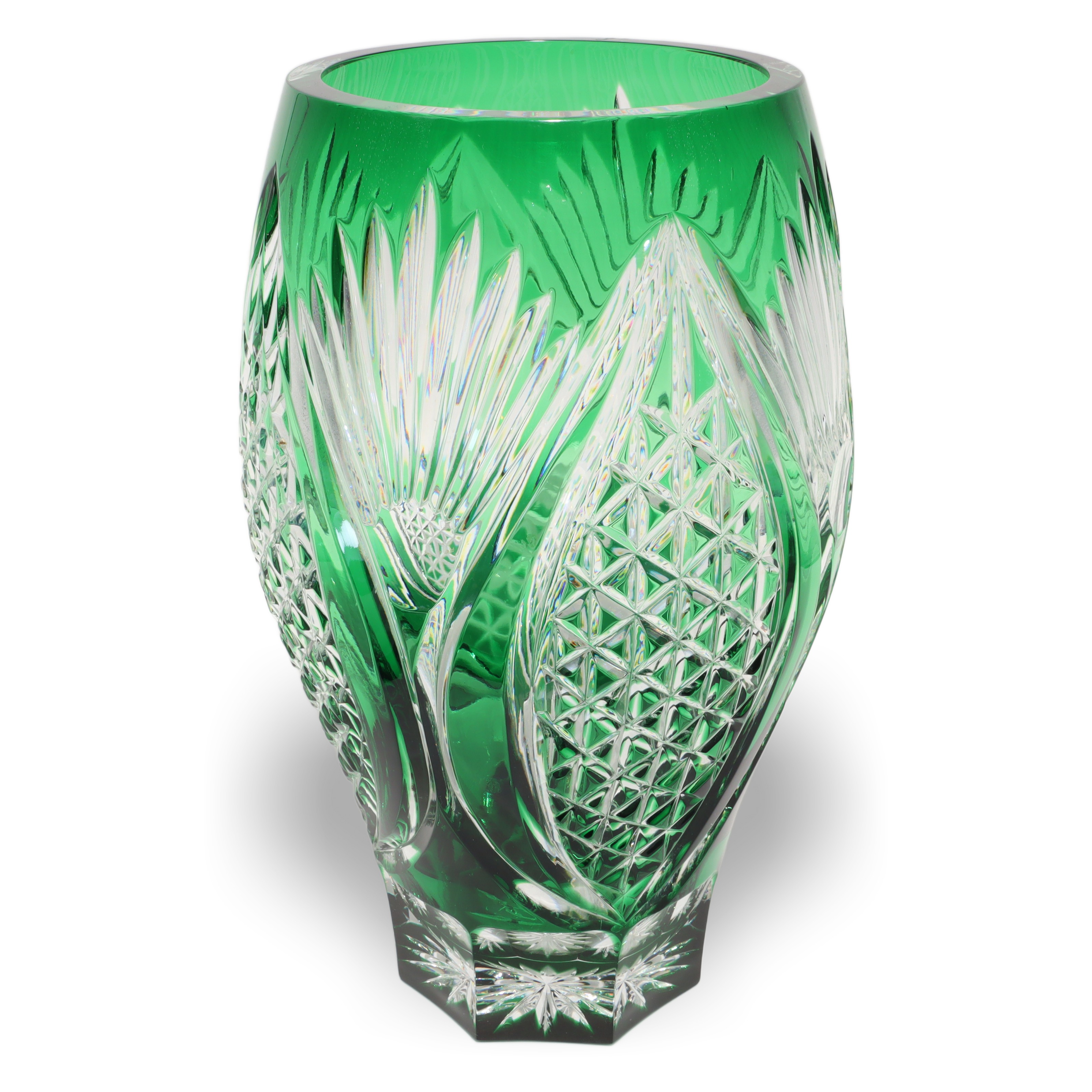 Kristallglas Bohemia - Große Grüne Vase - Tschechische Vintage-Dekoration Thumbnail for Kristallglas Bohemia - Große Grüne Vase - Tschechische Vintage-Dekoration