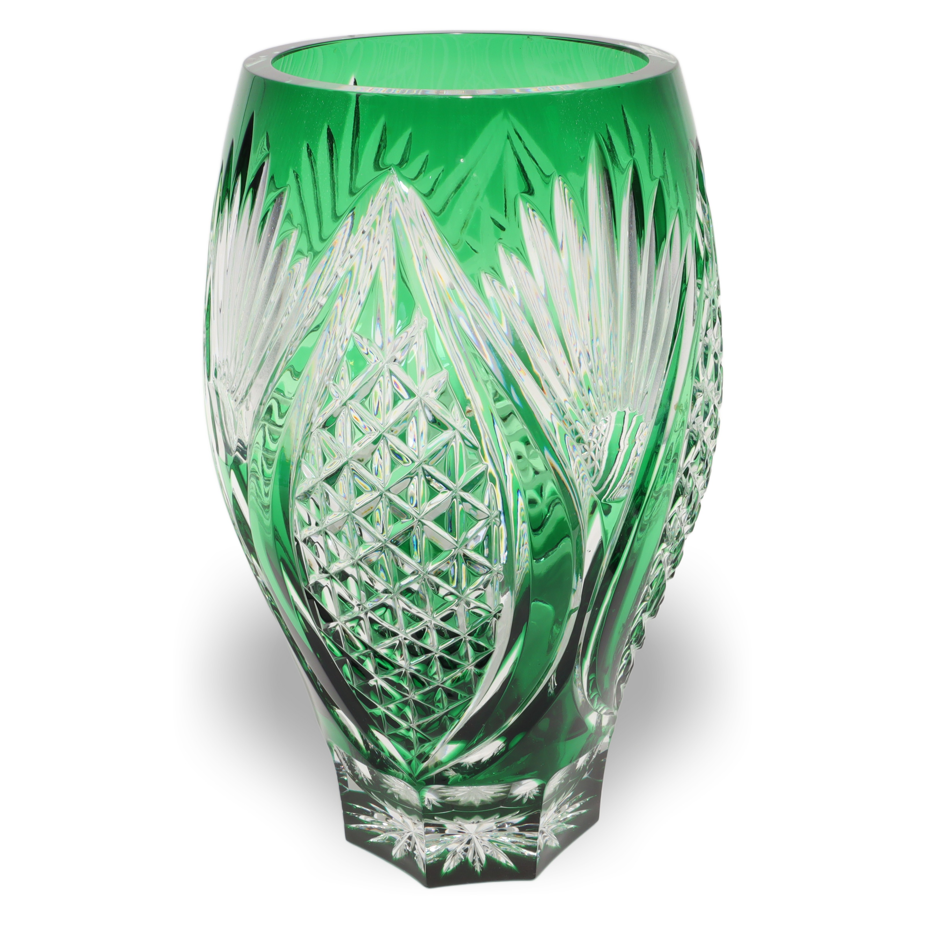 Kristallglas Bohemia - Große Grüne Vase - Tschechische Vintage-Dekoration Thumbnail for Kristallglas Bohemia - Große Grüne Vase - Tschechische Vintage-Dekoration